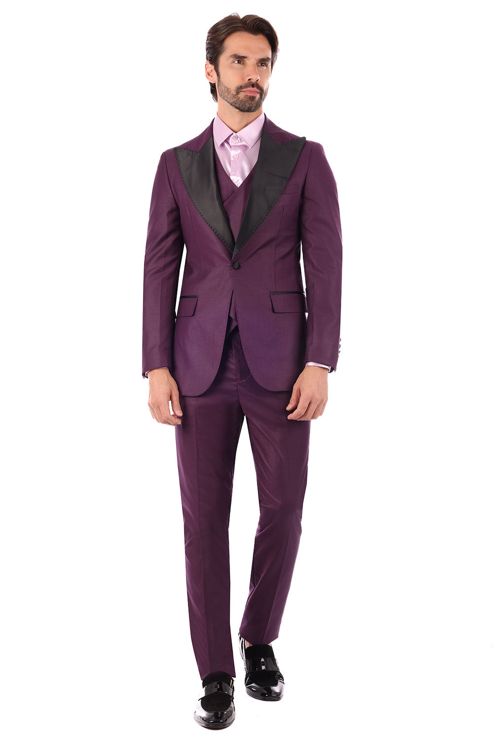 Barabas Men's Solid Color Peak Satin Lapel Suit Set 4SU13 Purple