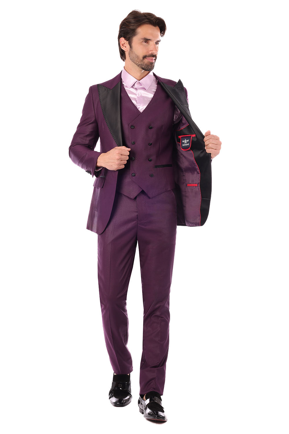 Barabas Men's Solid Color Peak Satin Lapel Suit Set 4SU13 Purple