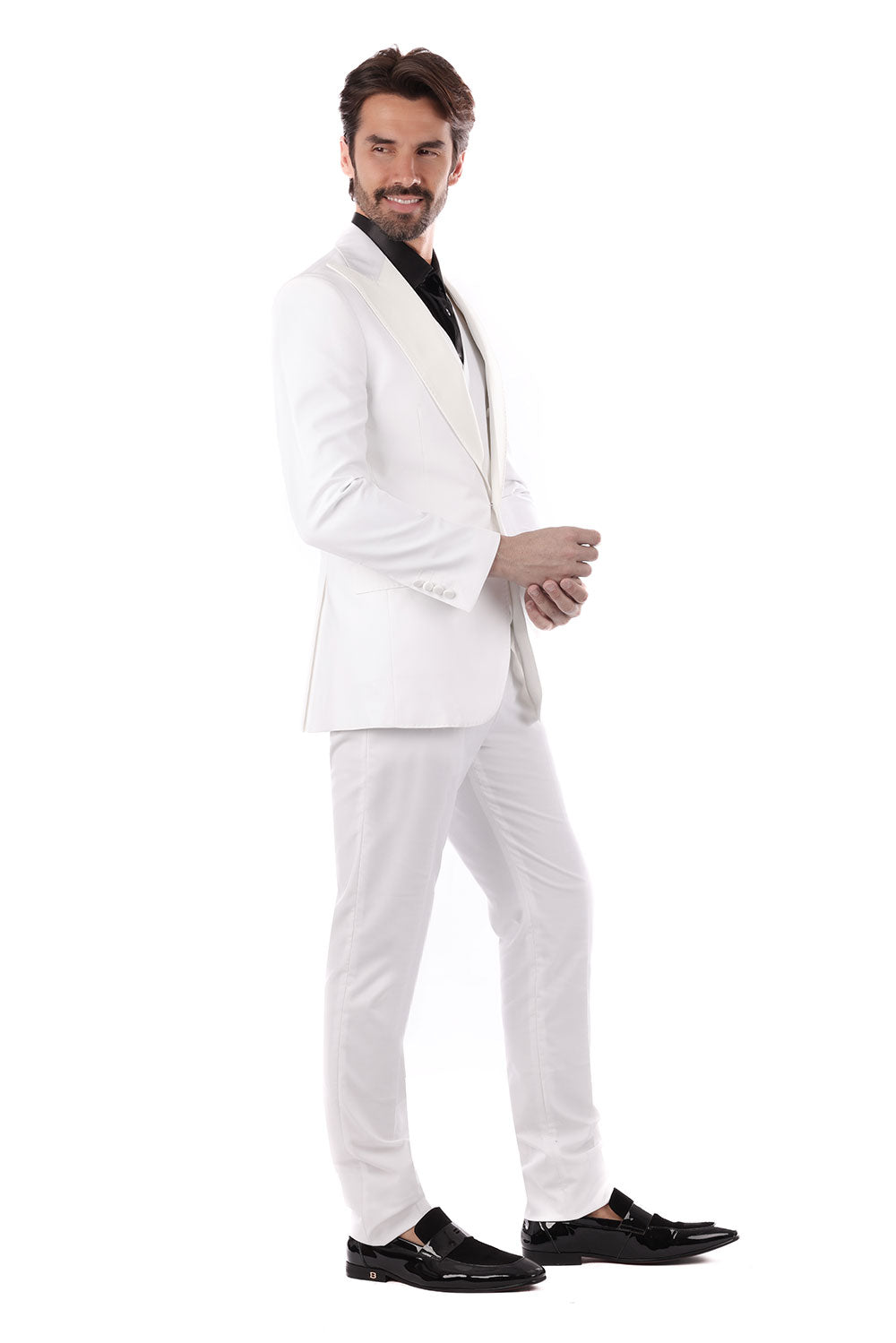 Barabas Men's Solid Color Peak Satin Lapel Suit Set 4SU13 White