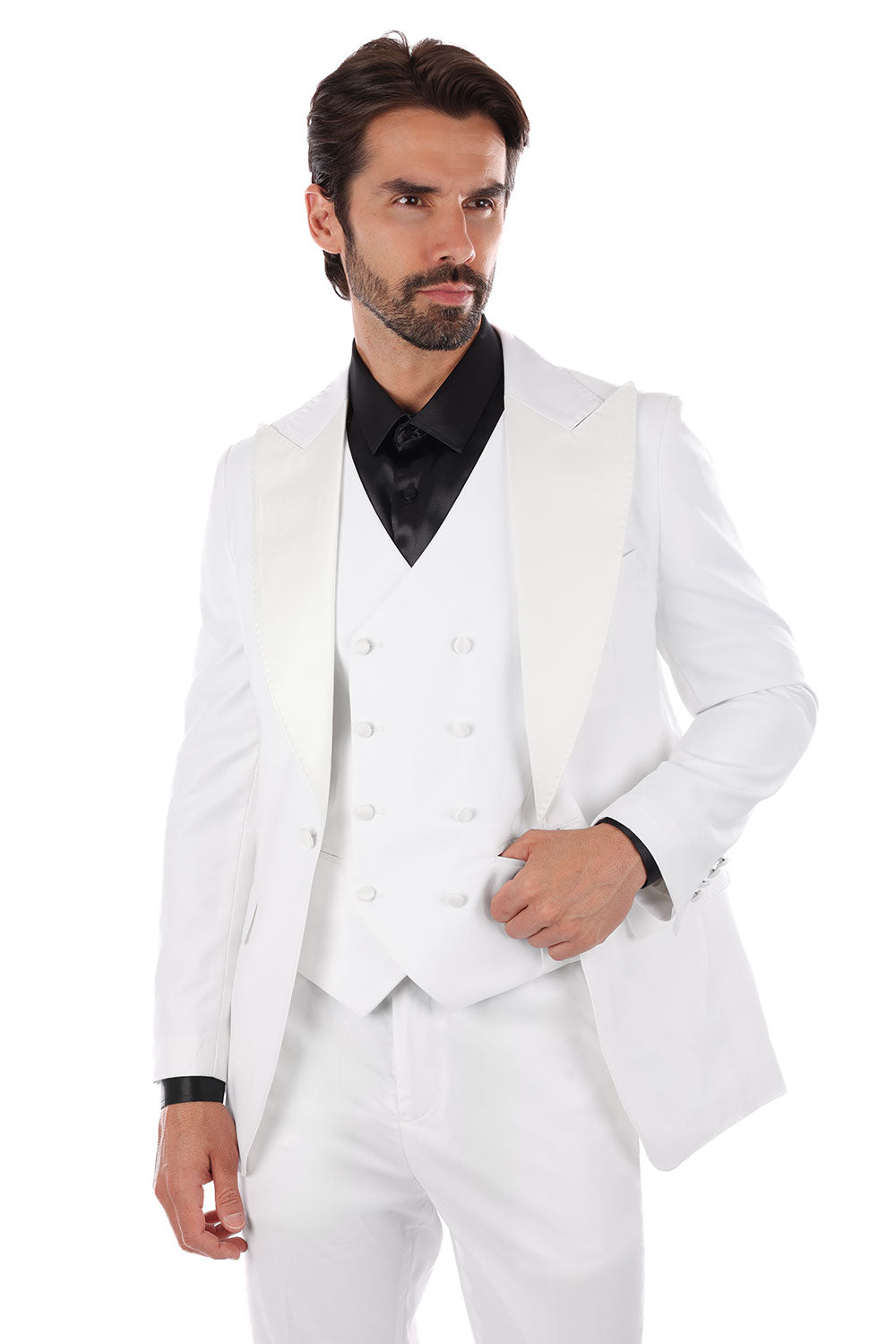 Barabas Men's Solid Color Peak Satin Lapel Suit Set 4SU13 White