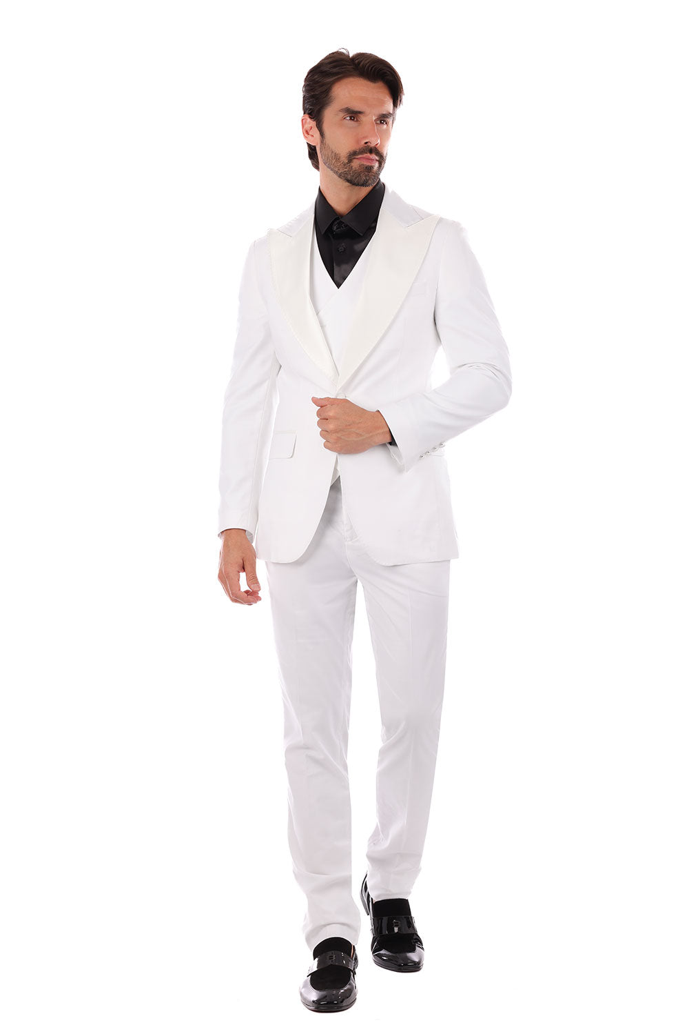 Barabas Men's Solid Color Peak Satin Lapel Suit Set 4SU13 White