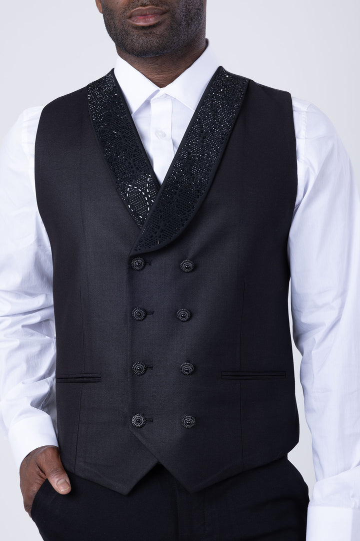 Barabas Men's Rhinestone Solid Color Stand Collar Vest Suit Set 4SU17 Black