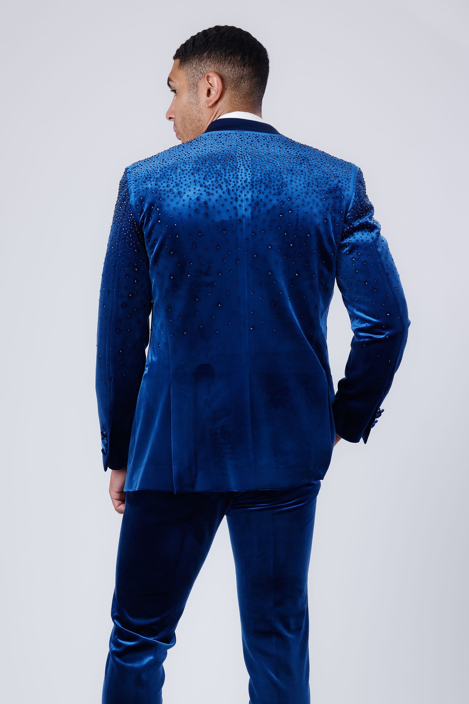 Barabas Men's Velvet Fabric Rhinestone Solid Shawl Lapel Blazer 4SU23 Light Blue