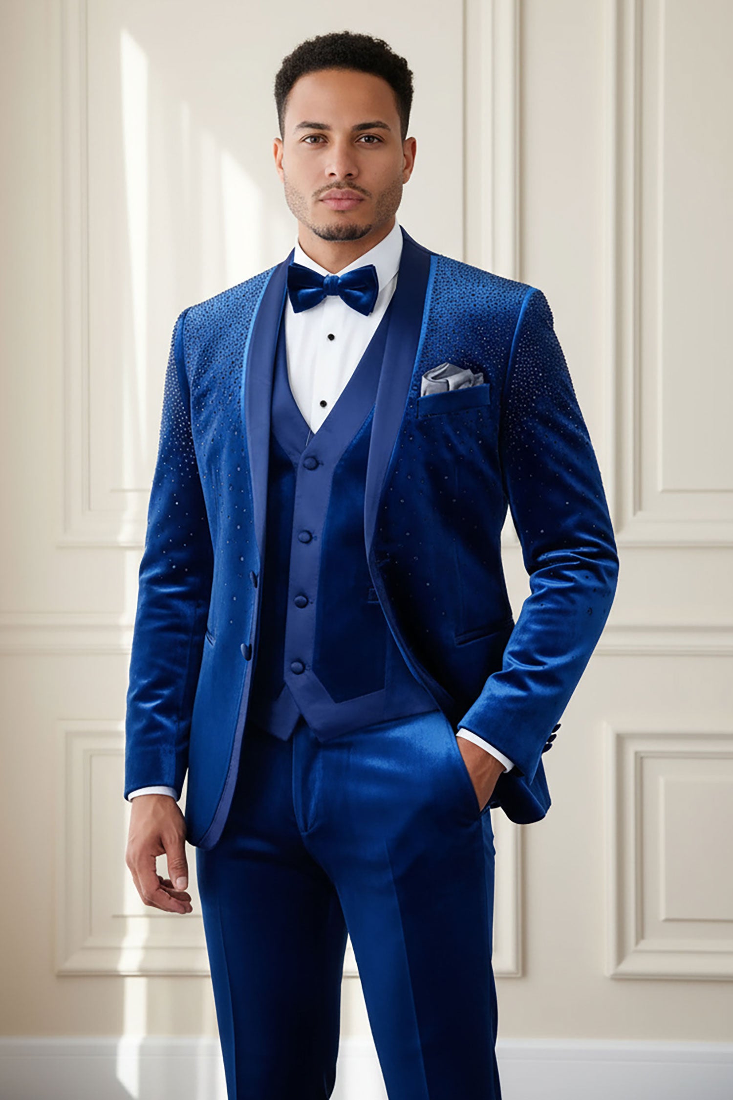 Barabas Men's Velvet Fabric Rhinestone Solid Shawl Lapel Blazer 4SU23 Sapphire