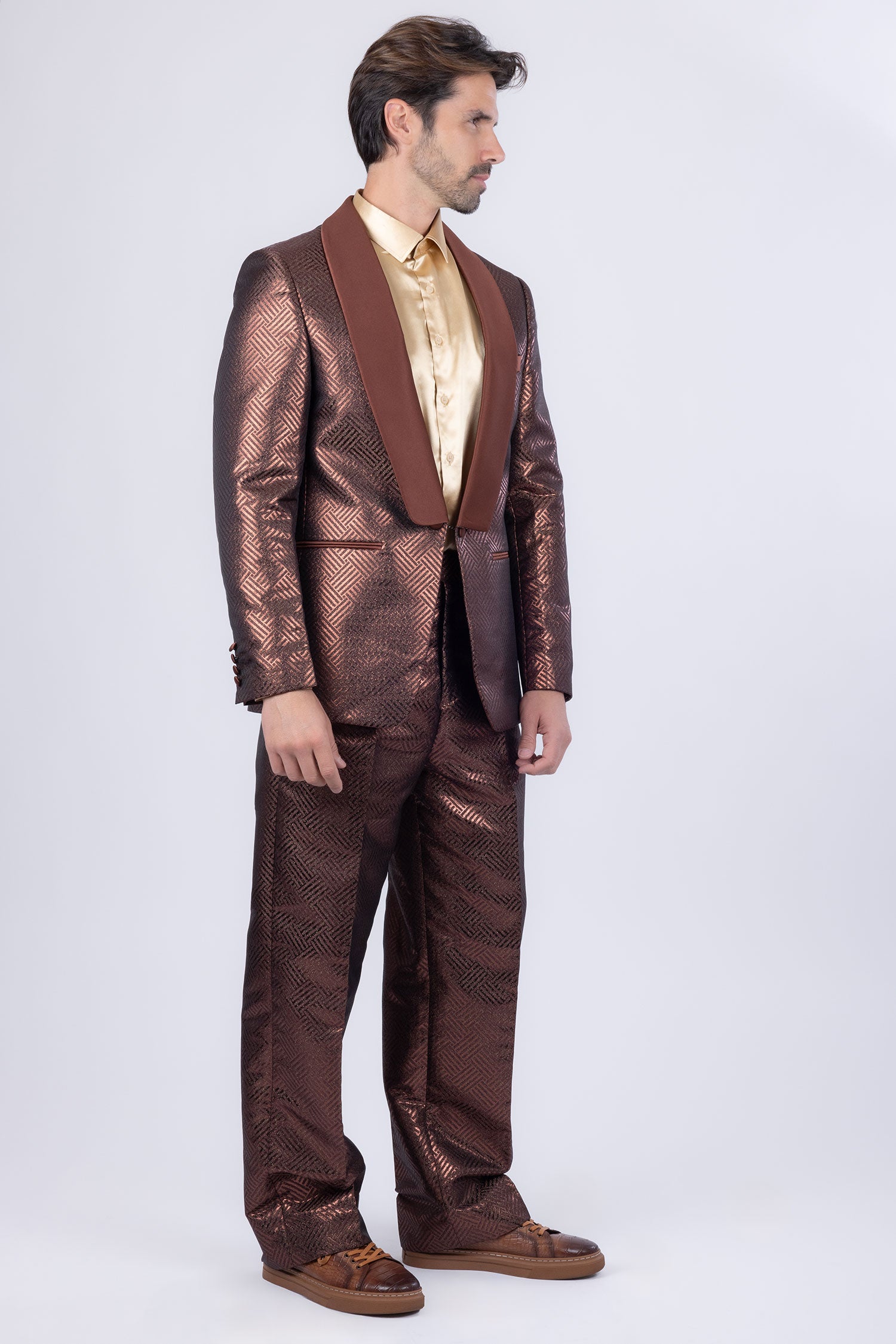 Barabas Men's Shiny Geometric Shawl Lapel Suit Baggy pants 4SU31 Brown