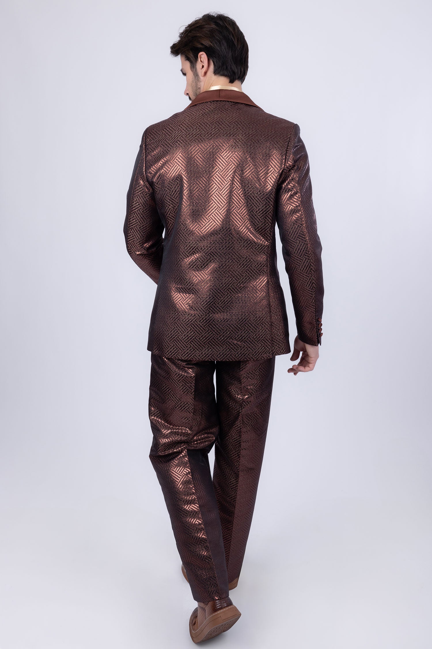 Barabas Men's Shiny Geometric Shawl Lapel Suit Baggy pants 4SU31 Brown