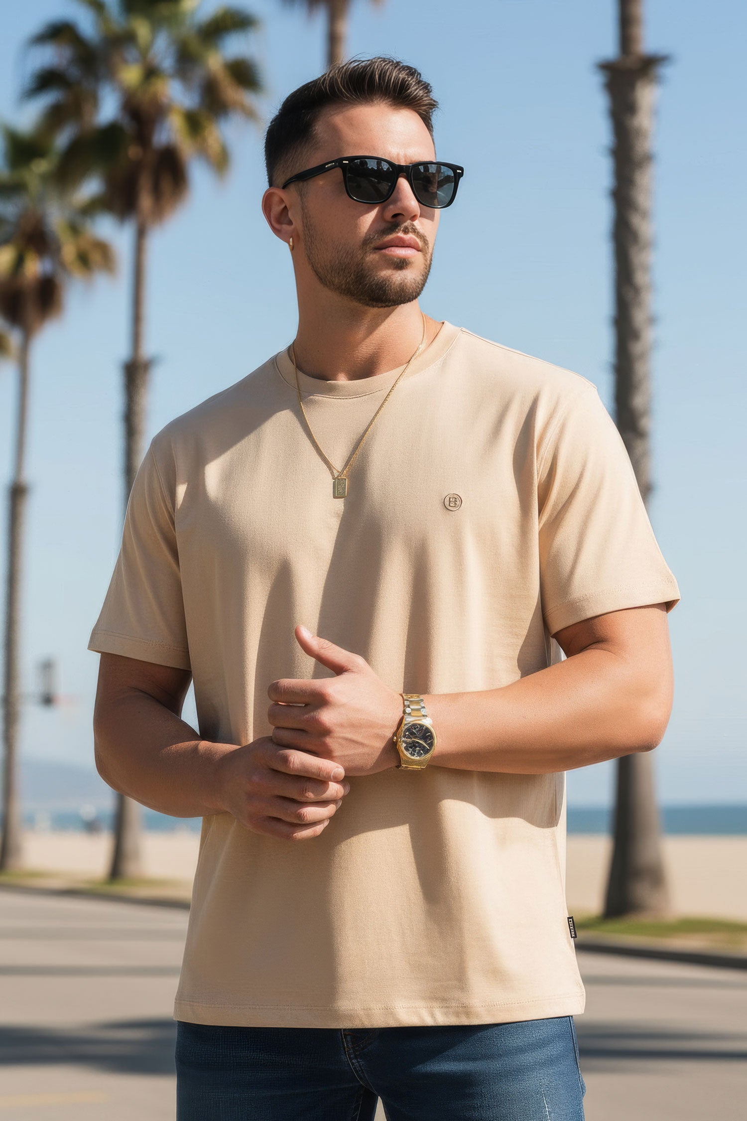 Barabas Men's Basic Color Stretch Crew Neck T-Shirt 4T01 Latte