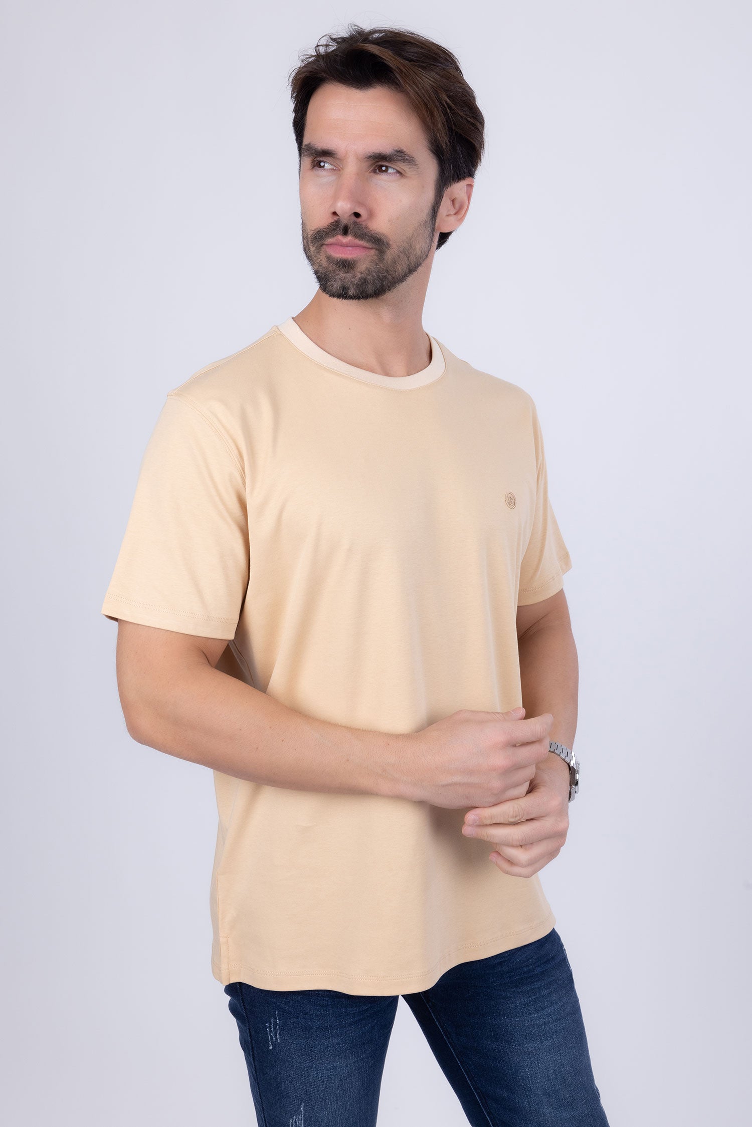 Barabas Men's Basic Color Stretch Crew Neck T-Shirt 4T01 Beige