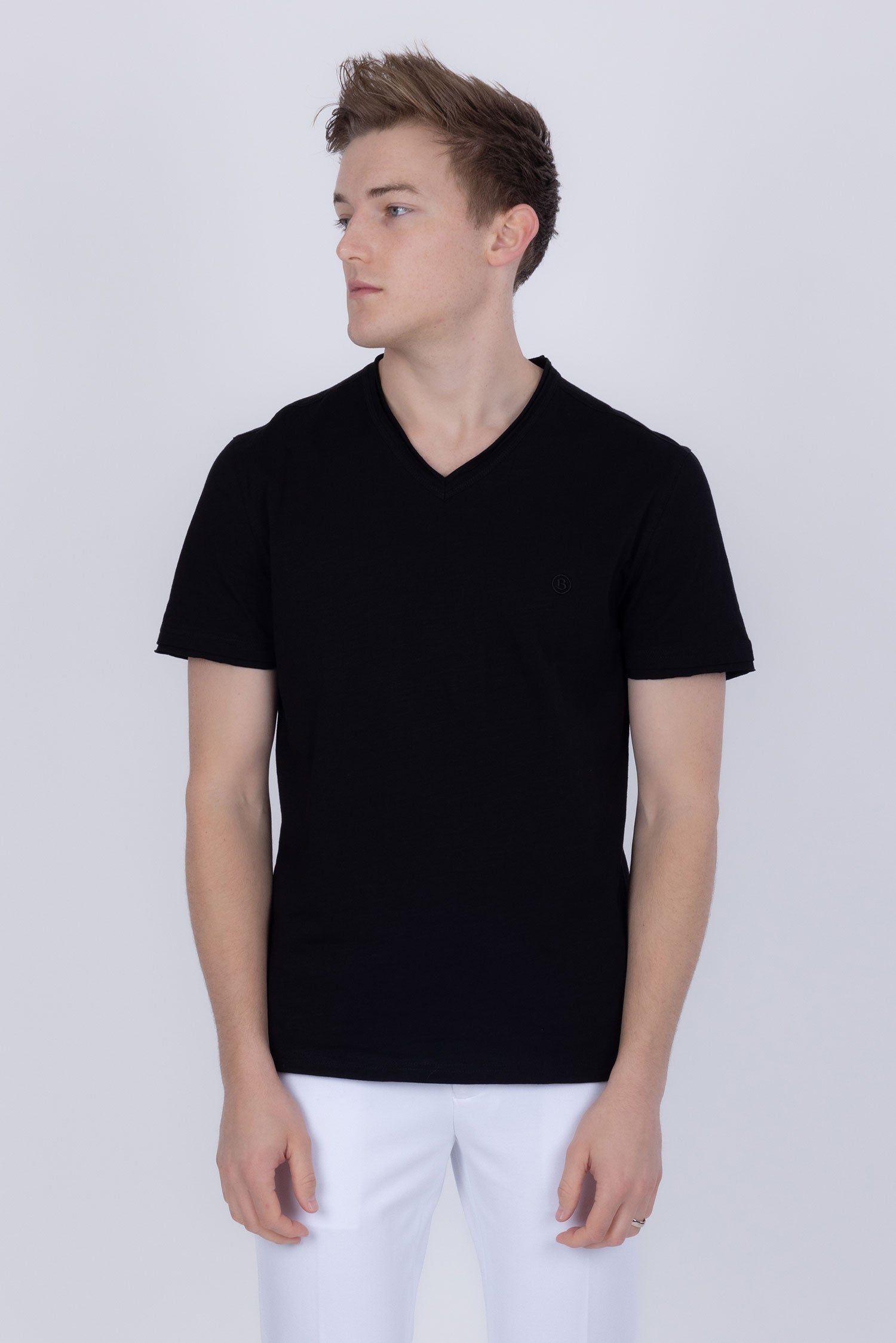 Barabas Men's Basic Solid Color V-neck Raw End T-shirts 4TV10 Black