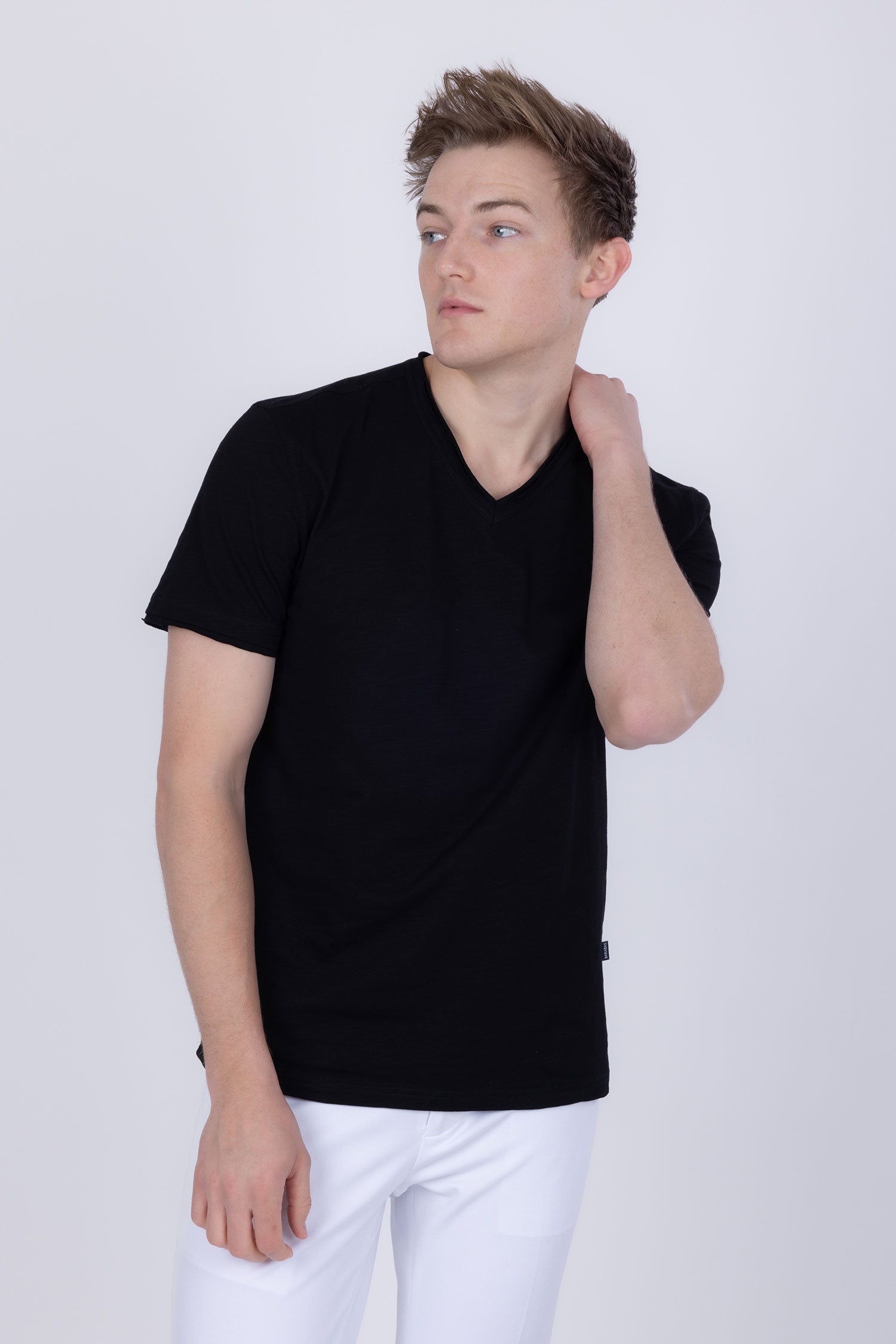 Barabas Men's Basic Solid Color V-neck Raw End T-shirts 4TV10 Black