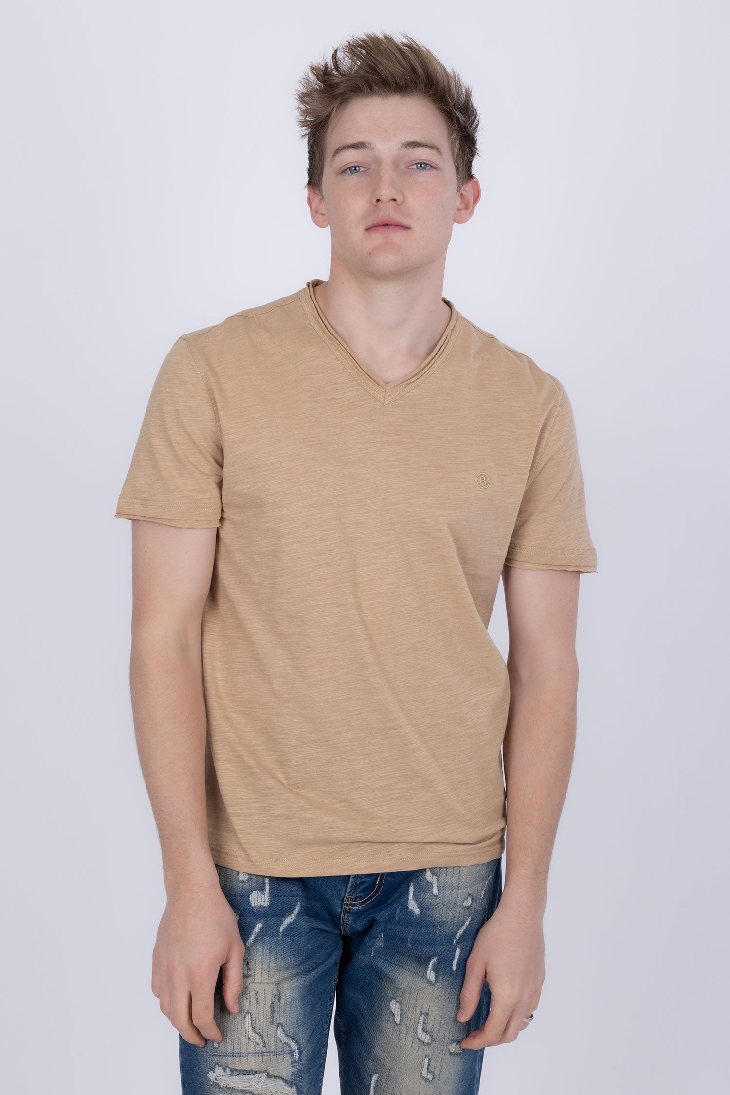 Barabas Men's Basic Solid Color V-neck Raw End T-shirts 4TV10 Camel