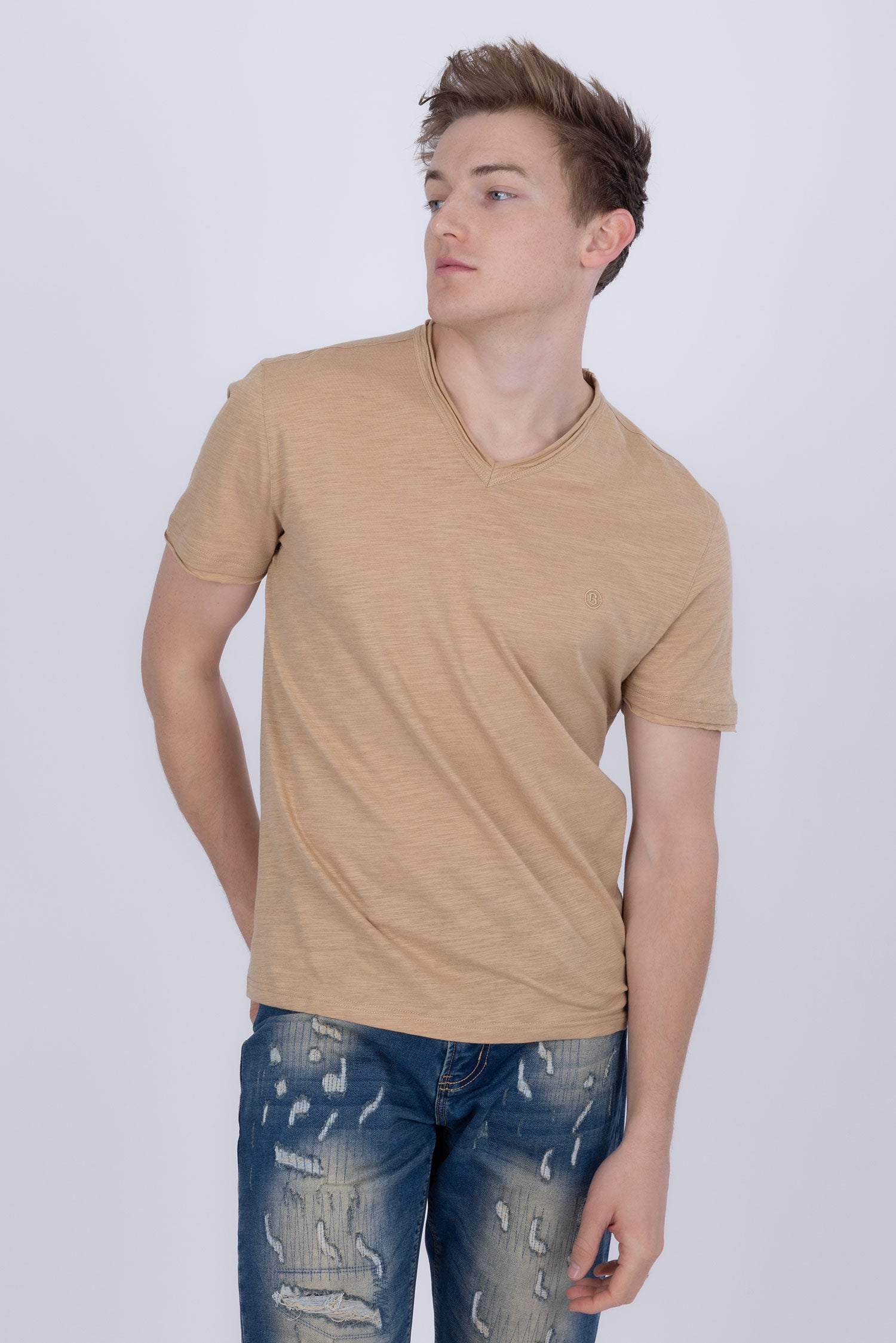 Barabas Men's Basic Solid Color V-neck Raw End T-shirts 4TV10 Camel