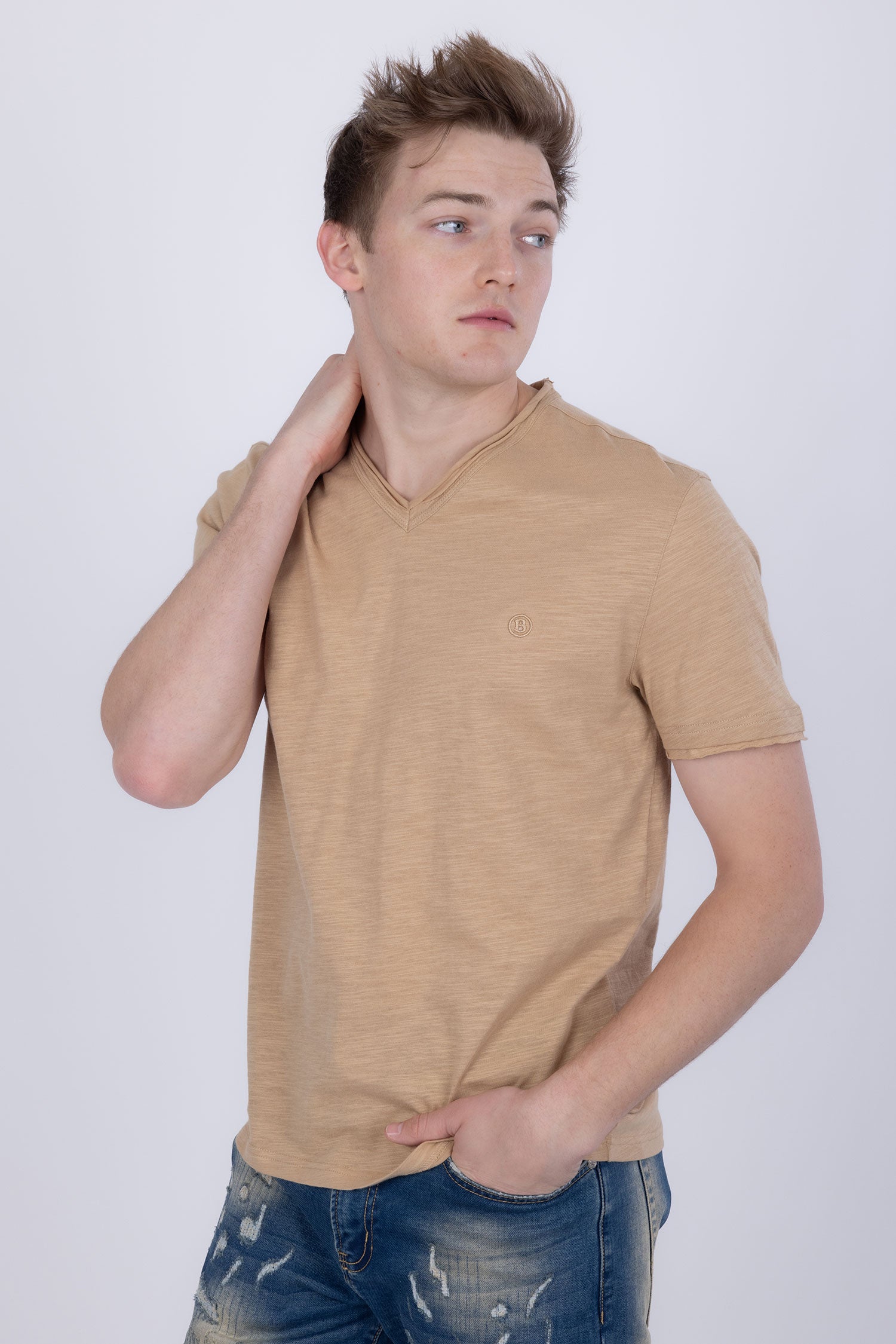 Barabas Men's Basic Solid Color V-neck Raw End T-shirts 4TV10 Camel