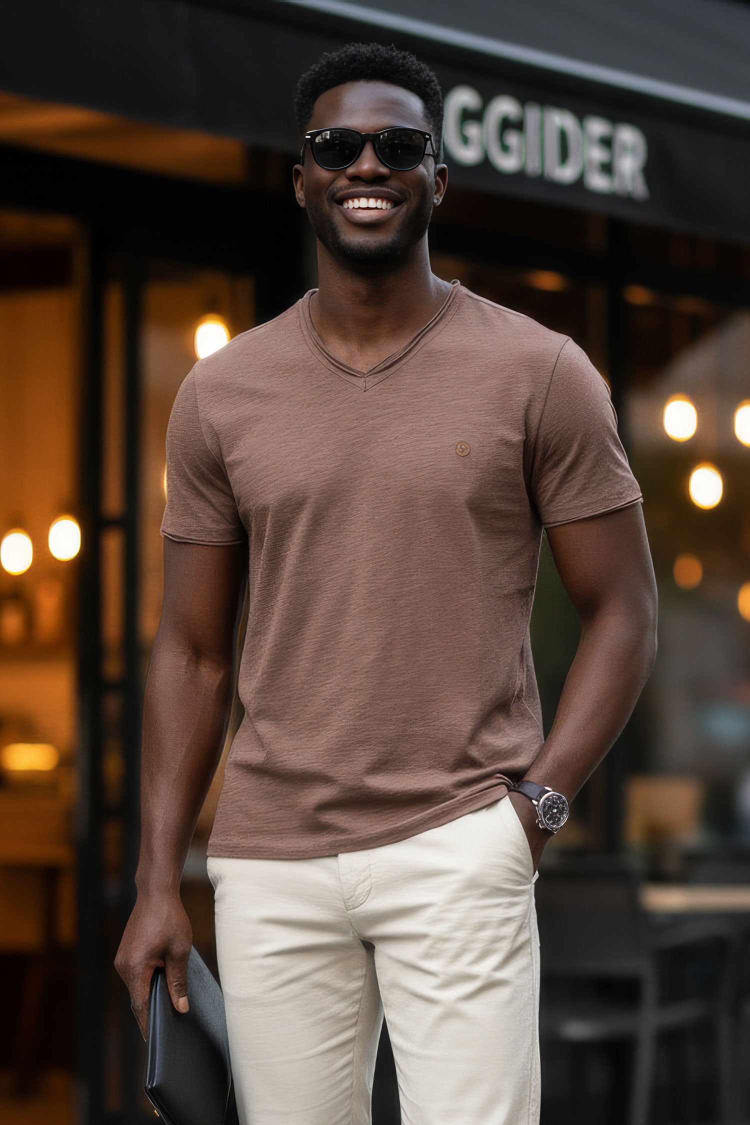 Barabas Men's Basic Solid Color V-neck Raw End T-shirts 4TV10 Mocha