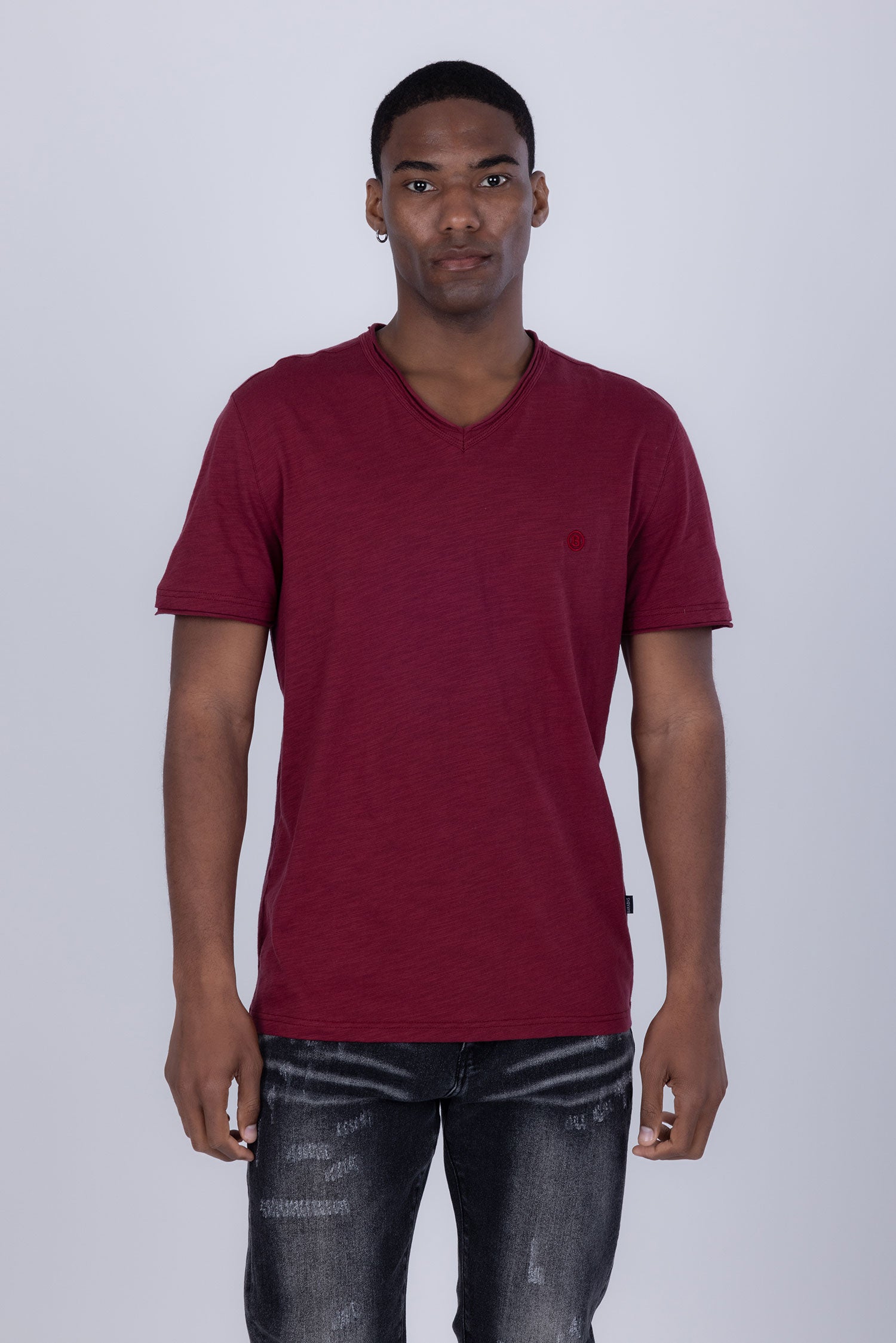 Barabas Men's Basic Solid Color V-neck Raw End T-shirts 4TV10 Maroon