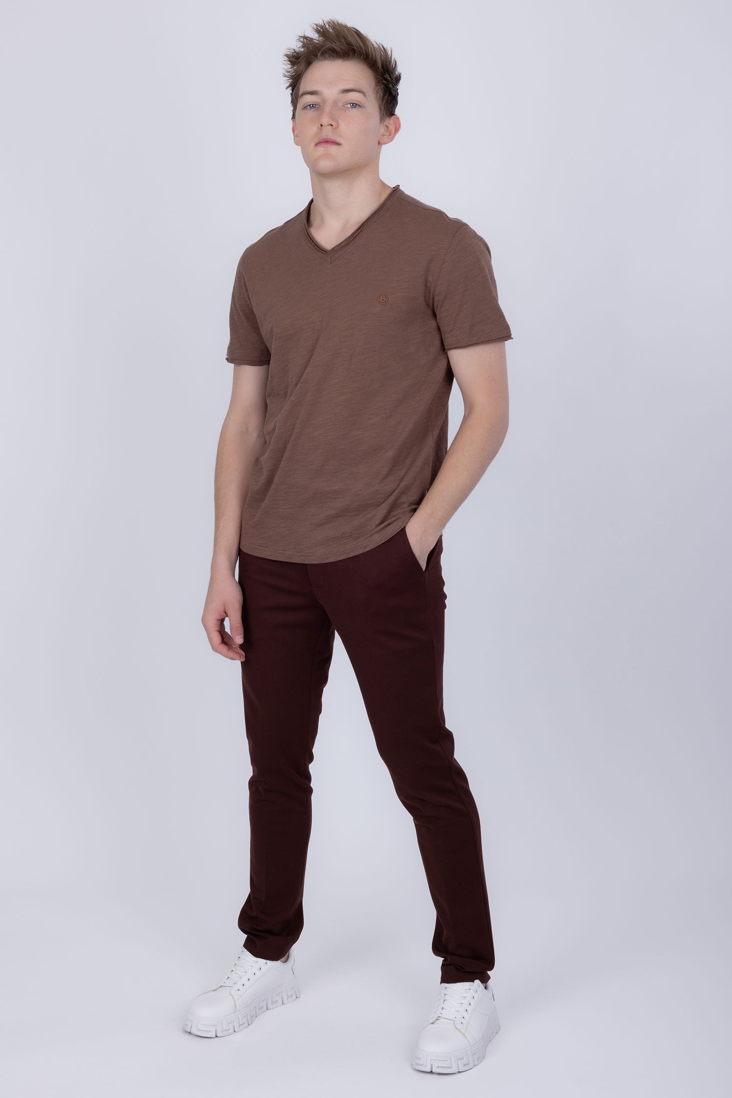 Barabas Men's Basic Solid Color V-neck Raw End T-shirts 4TV10 Mocha