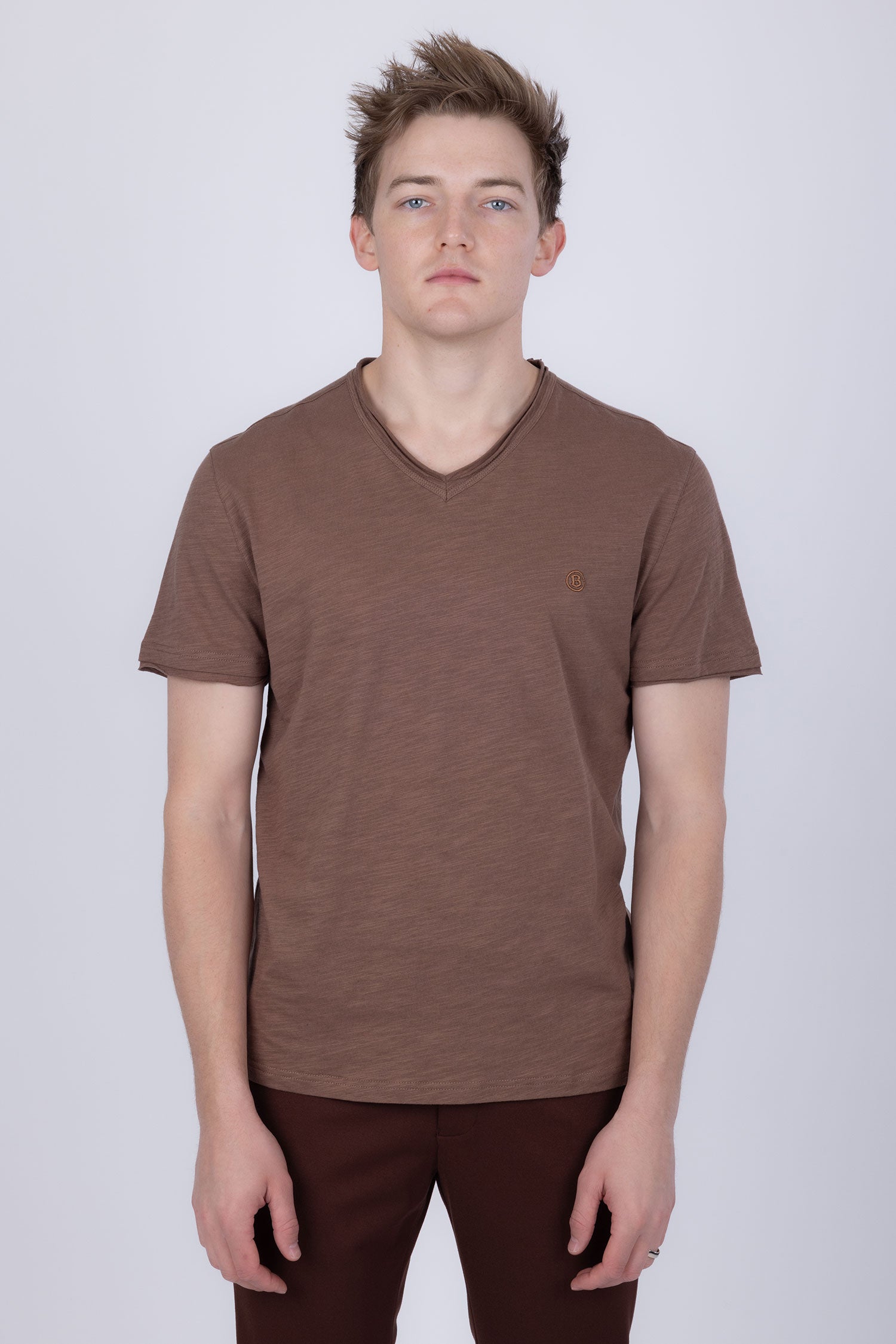 Barabas Men's Basic Solid Color V-neck Raw End T-shirts 4TV10 Brown