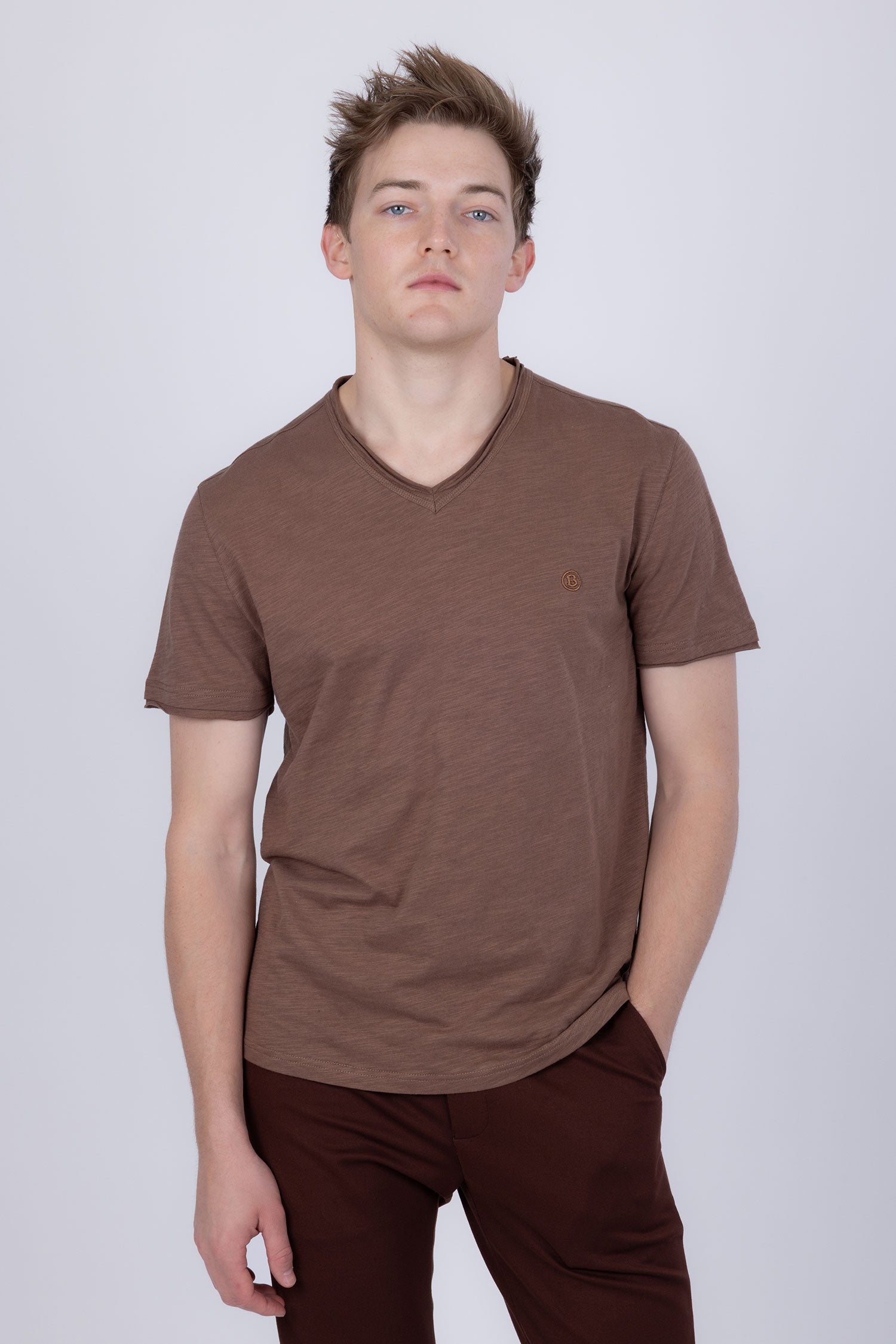 Barabas Men's Basic Solid Color V-neck Raw End T-shirts 4TV10 Brown