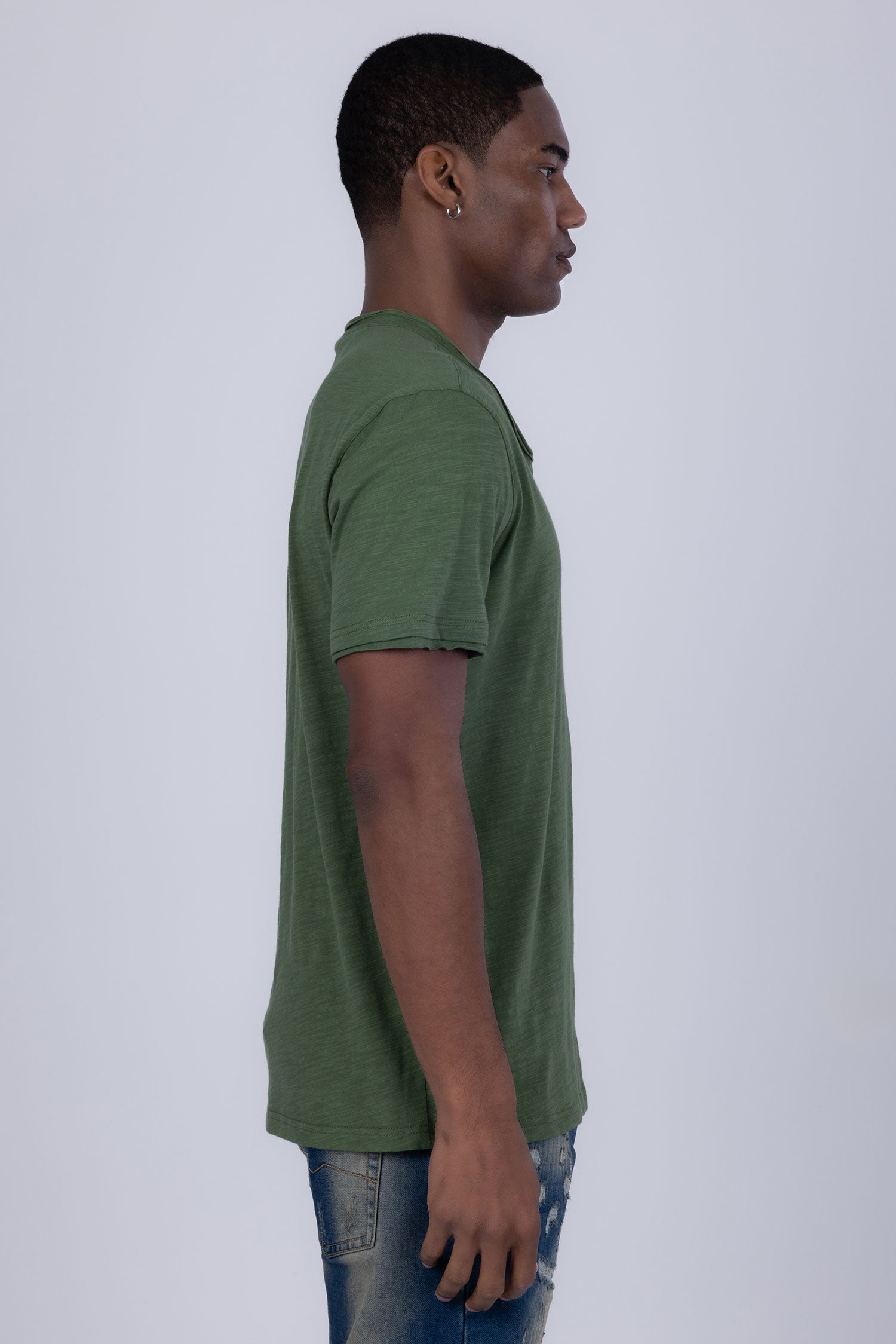 Barabas Men's Basic Solid Color V-neck Raw End T-shirts 4TV10 Olive