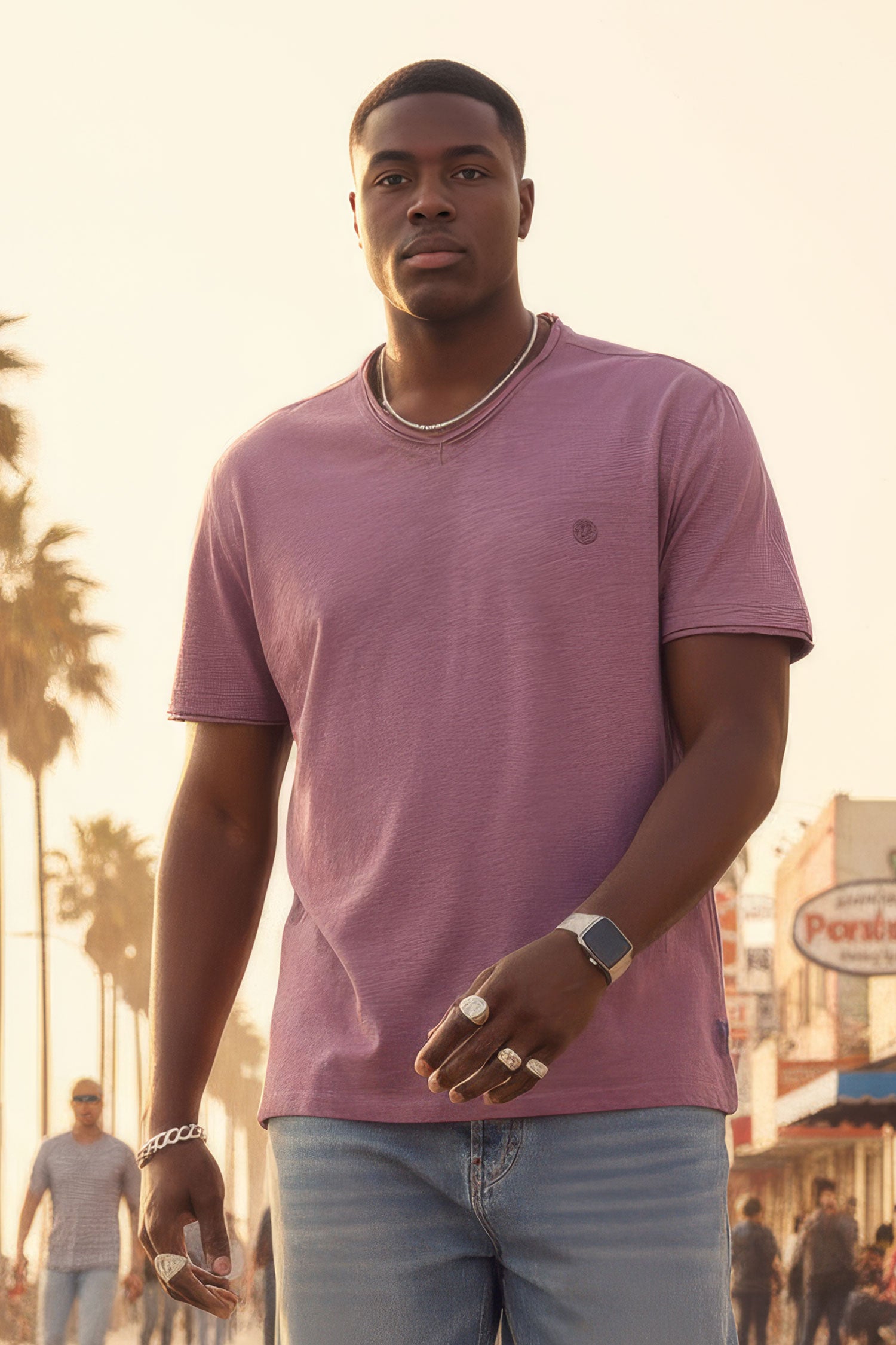 Barabas Men's Basic Solid Color V-neck Raw End T-shirts 4TV10 Plum