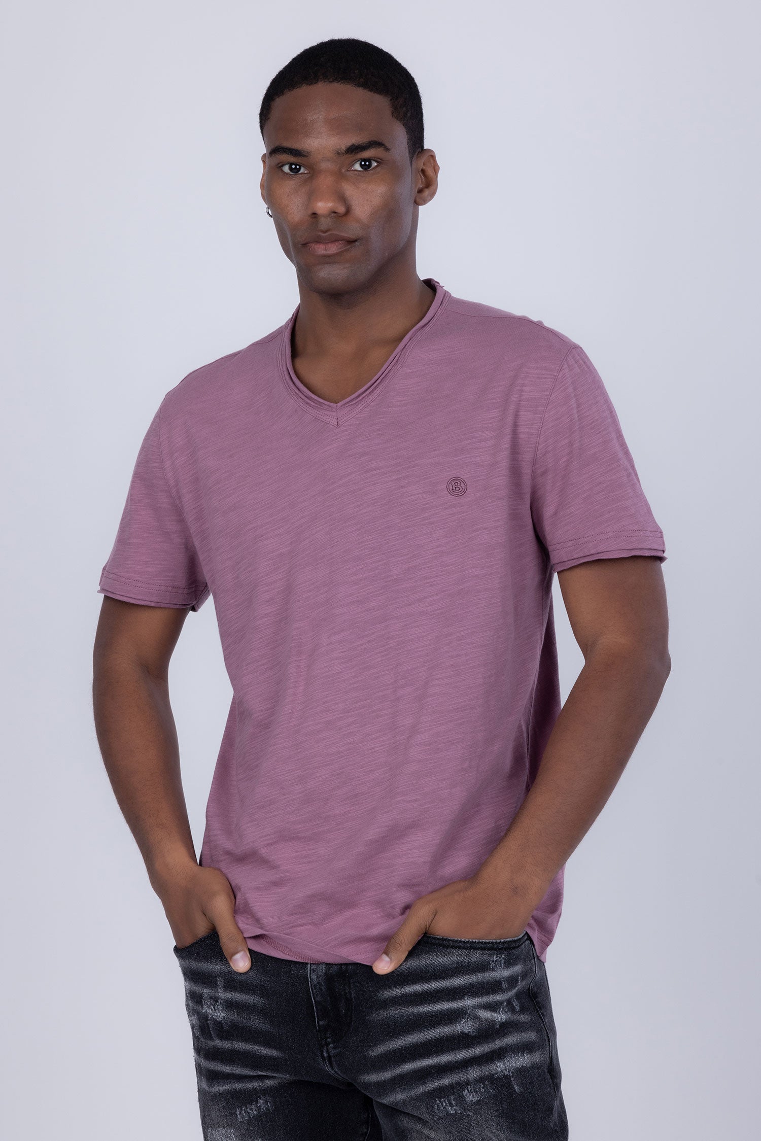 Barabas Men's Basic Solid Color V-neck Raw End T-shirts 4TV10 Plum