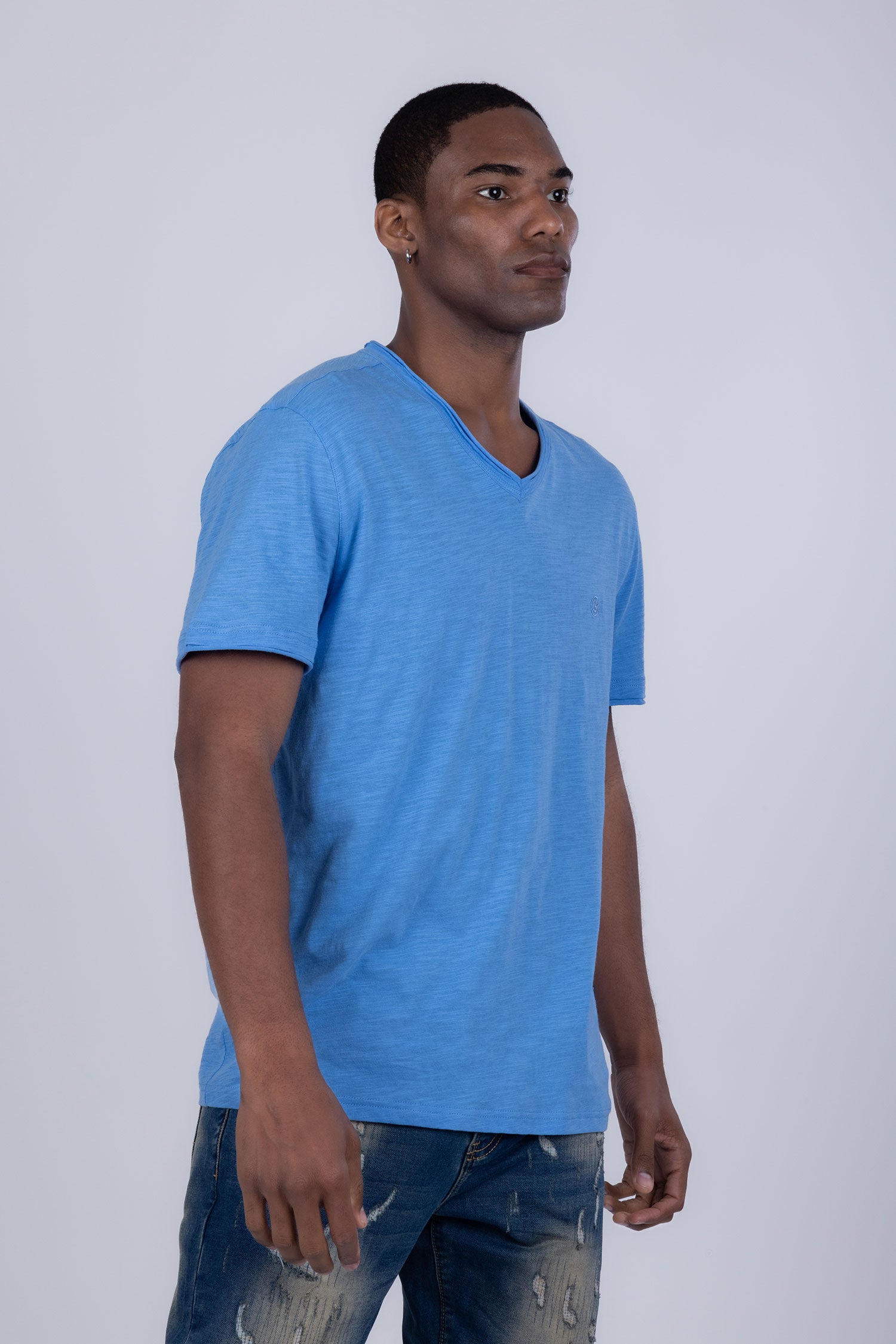 Barabas Men's Basic Solid Color V-neck Raw End T-shirts 4TV10 Blue