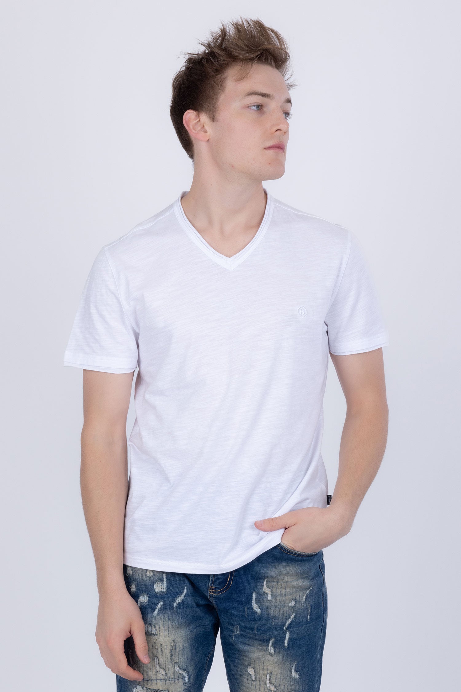 Barabas Men's Basic Solid Color V-neck Raw End T-shirts 4TV10 White