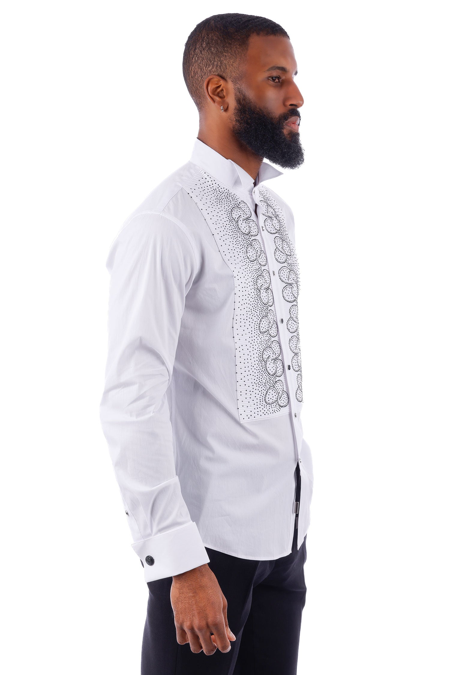 Barabas Men's Symmetrical Rhinestone Long Sleeve Shirt 4TXR07 White