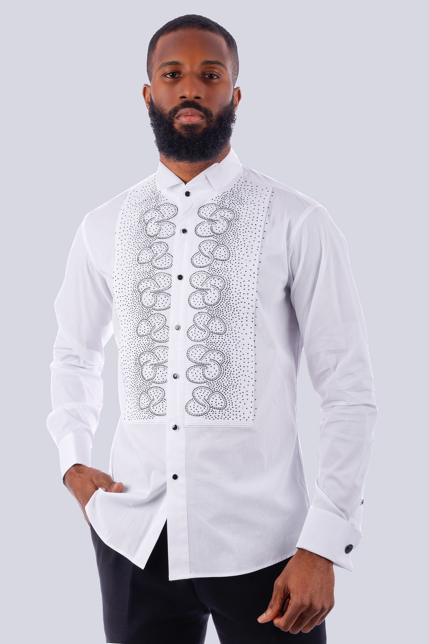 Barabas Men's Symmetrical Rhinestone Long Sleeve Shirt 4TXR07 White