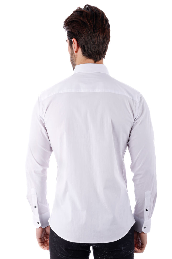 Barabas Men's Linear Rhinestone Button Down Long Sleeve Shirt 4TXR08 White