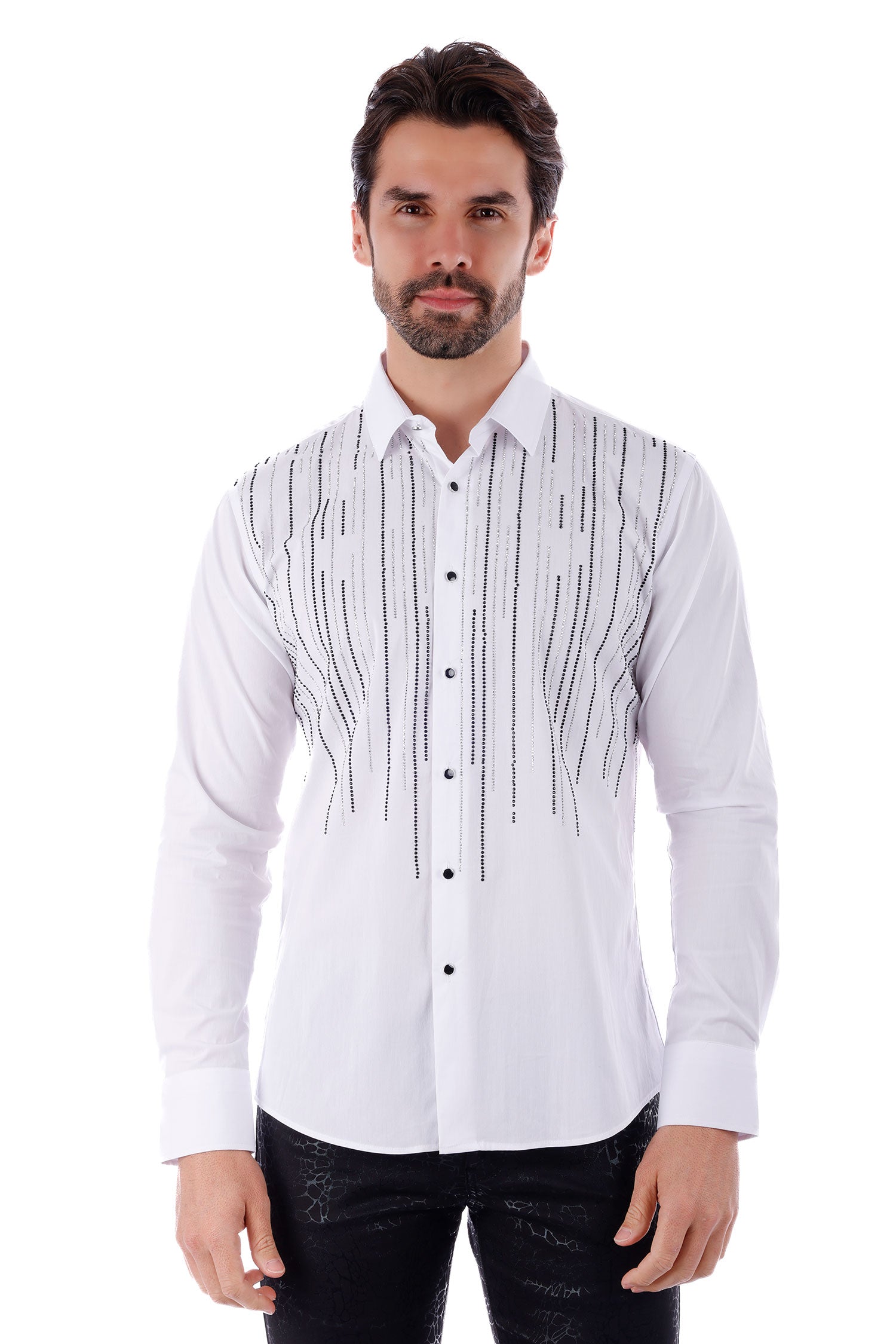 Barabas Men's Linear Rhinestone Button Down Long Sleeve Shirt 4TXR08 White