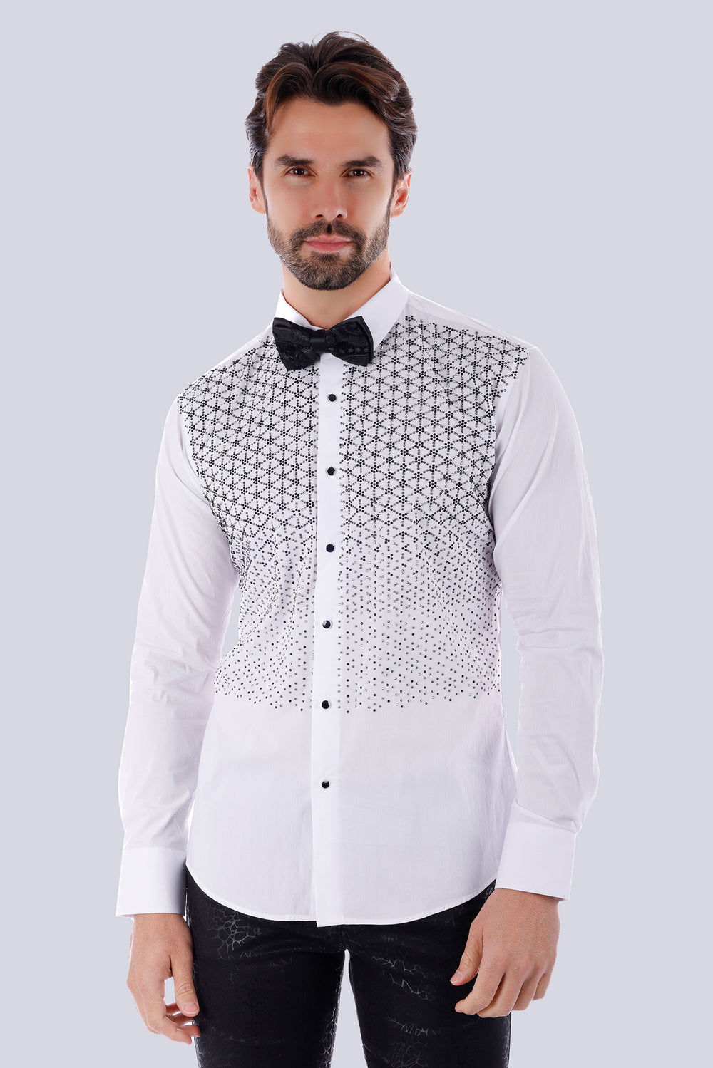 Barabas Men's Particle Rhinestone Tuxedo Long Sleeve Shirt 4TXR09 White