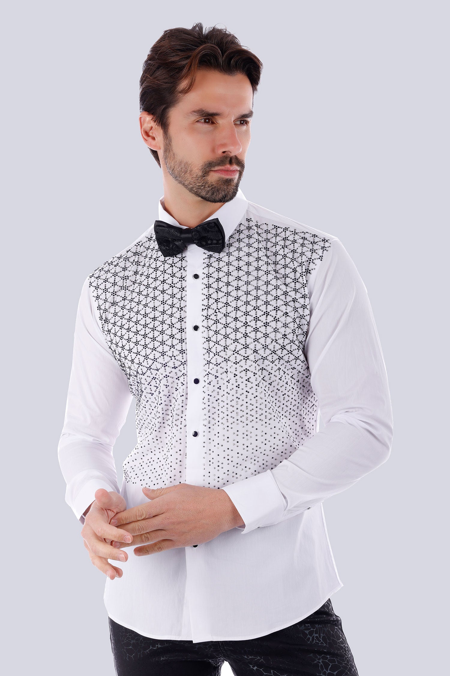 Barabas Men's Particle Rhinestone Tuxedo Long Sleeve Shirt 4TXR09 White