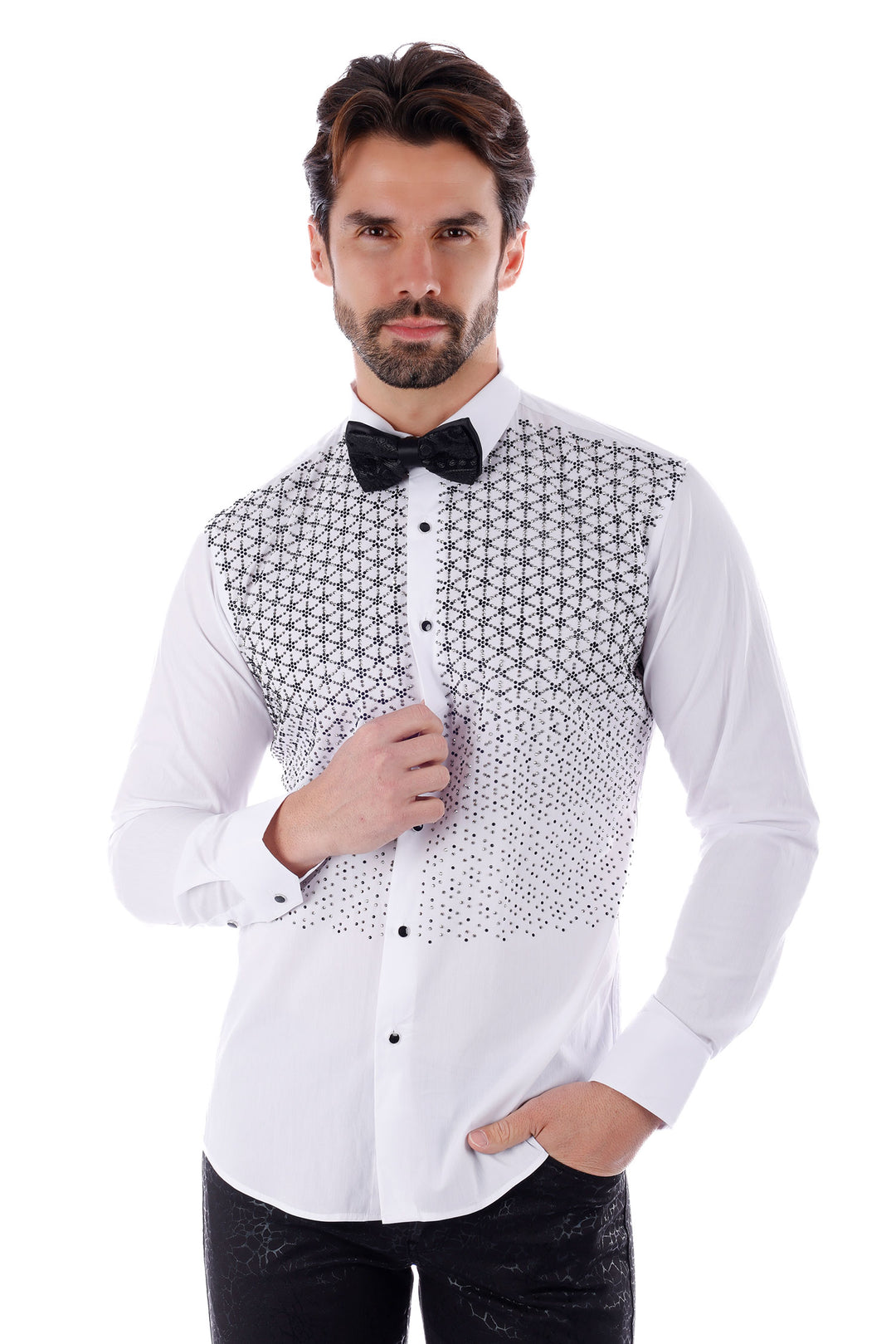 Barabas Men's Particle Rhinestone Tuxedo Long Sleeve Shirt 4TXR09 White