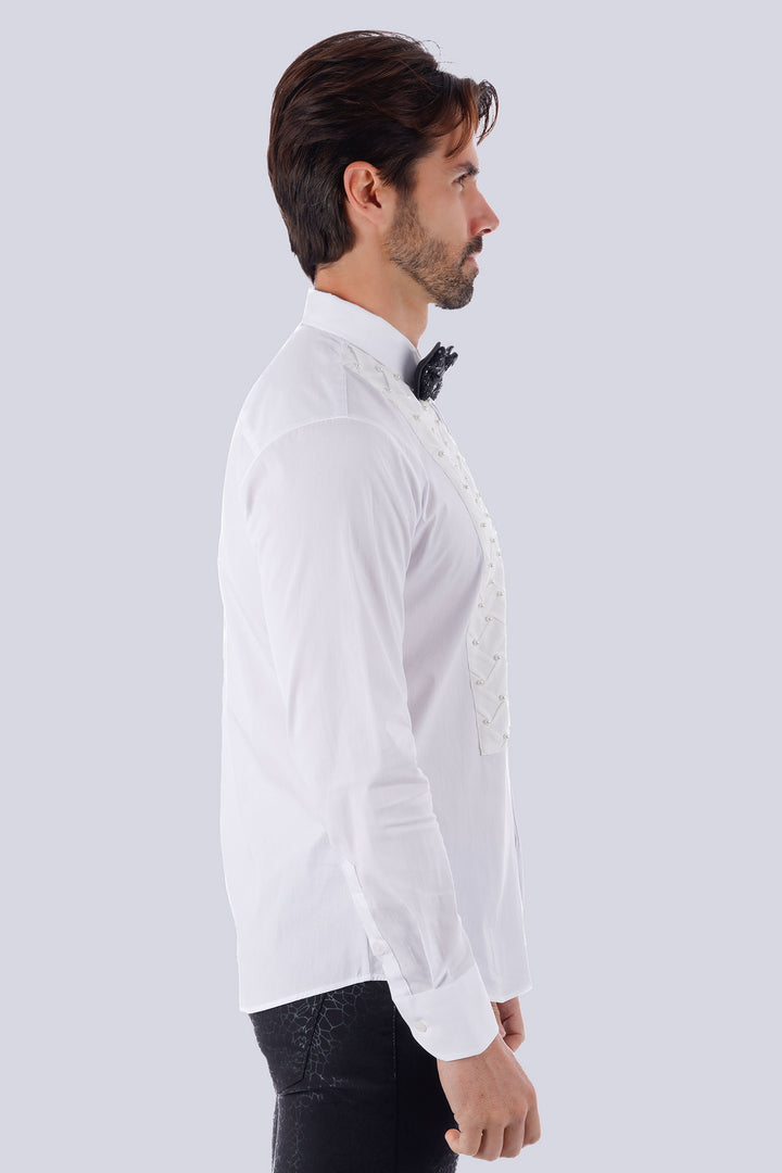 Barabas Men's Weave Pearls Button Down Long Sleeve Shirt 4TXR12 White