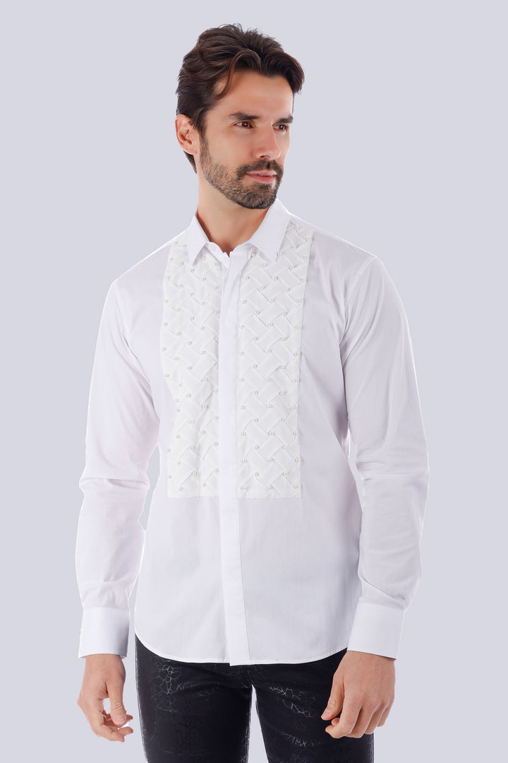 Barabas Men's Weave Pearls Button Down Long Sleeve Shirt 4TXR12 White