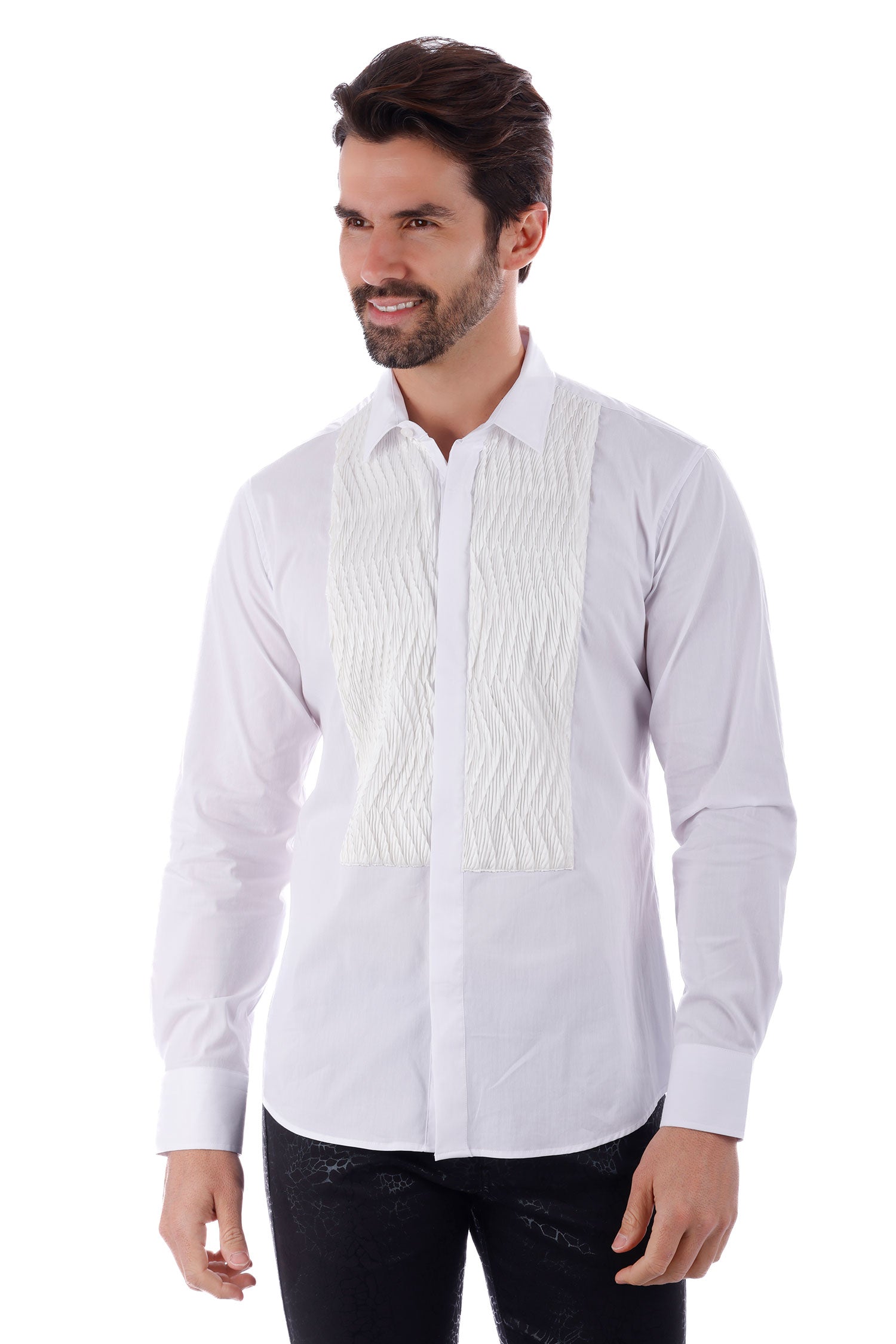 Barabas Men's Wave Pattern Button Down Long Sleeve Shirt 4TXR14 White