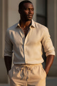 BARABAS Men's Textured Stretch Button Down Long Sleeve Shirt 4B34 #Color_Beige