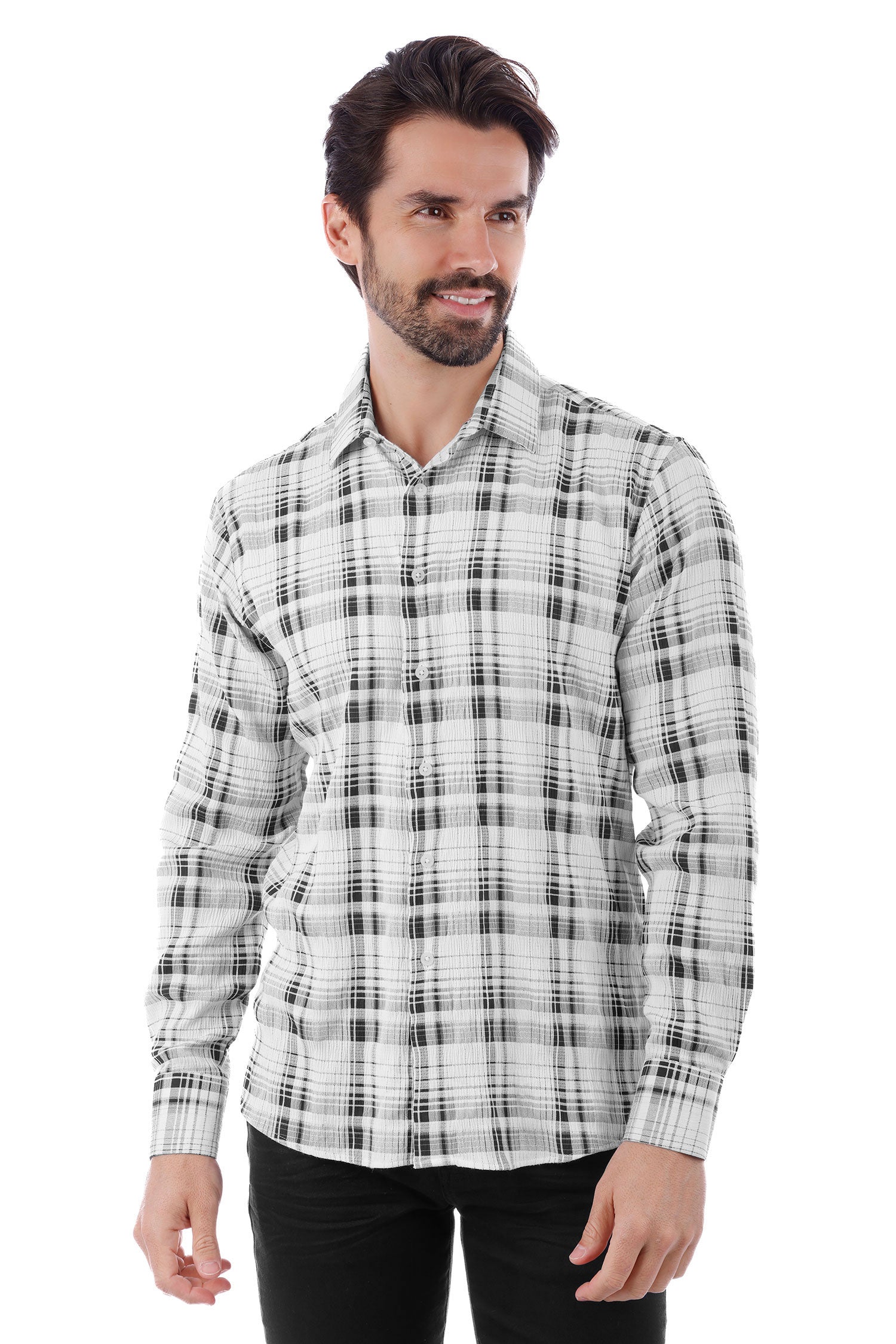 Barabas Men's Plaid Checkered Button Down Long Sleeve Shirts 4B49 White Black