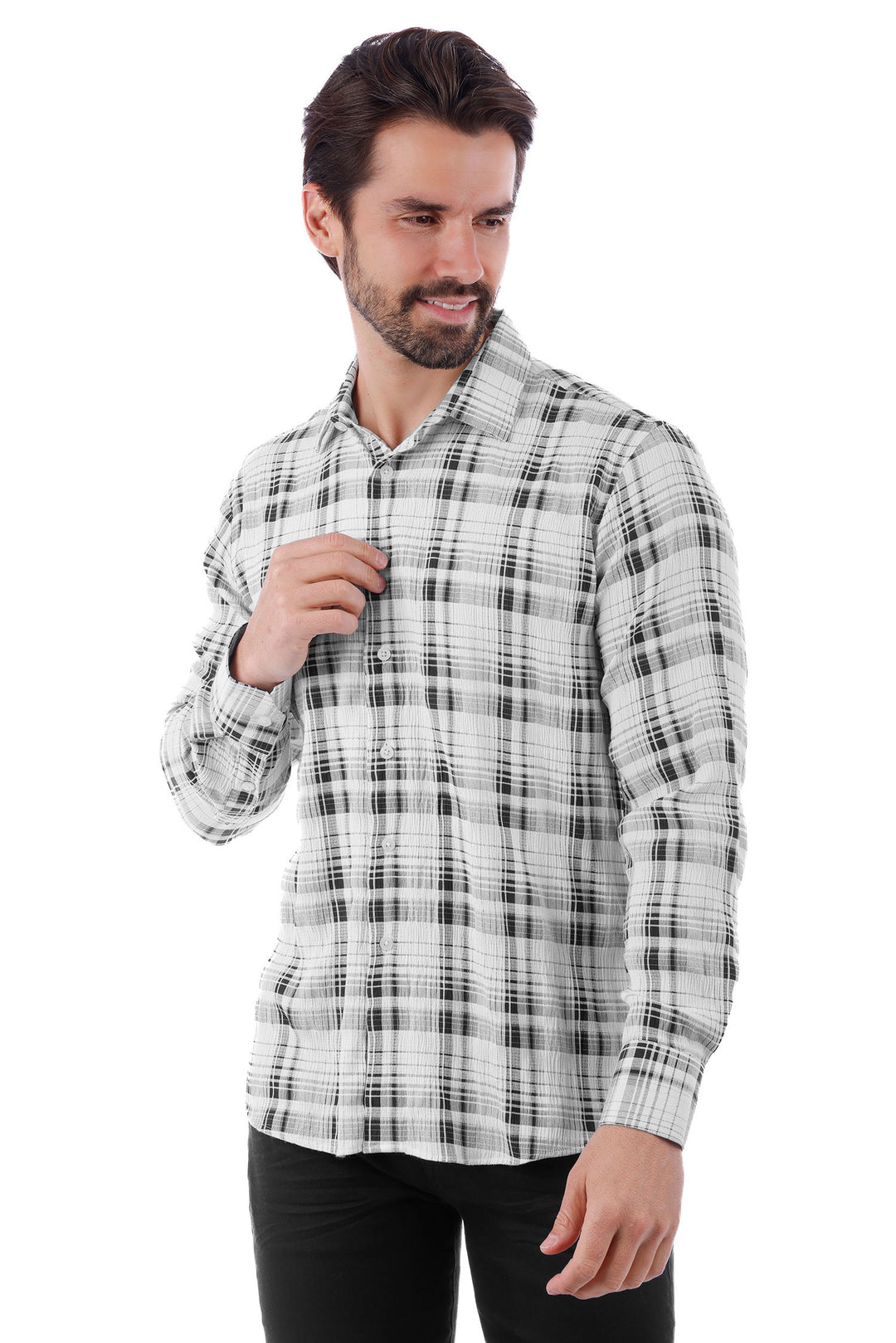 Barabas Men's Plaid Checkered Button Down Long Sleeve Shirts 4B49 White Black