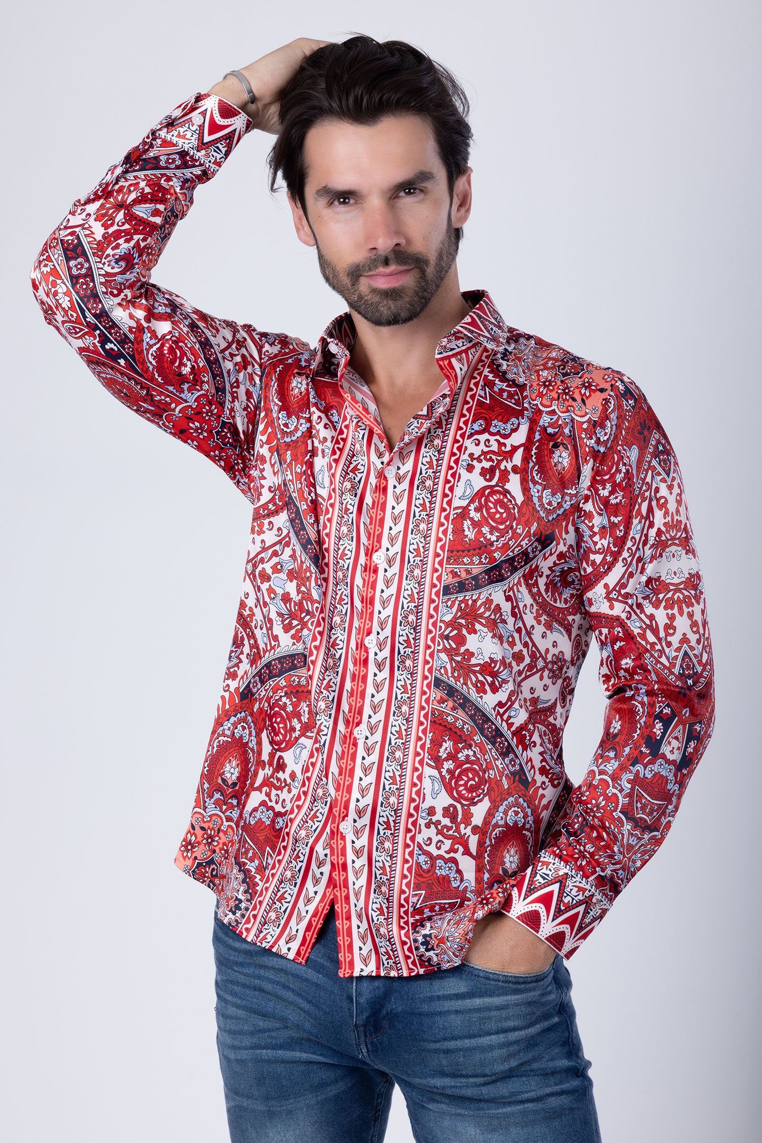 Barabas Men's Floral Paisley Pattern Design Long Sleeve Shirts 4B54 Cream Red