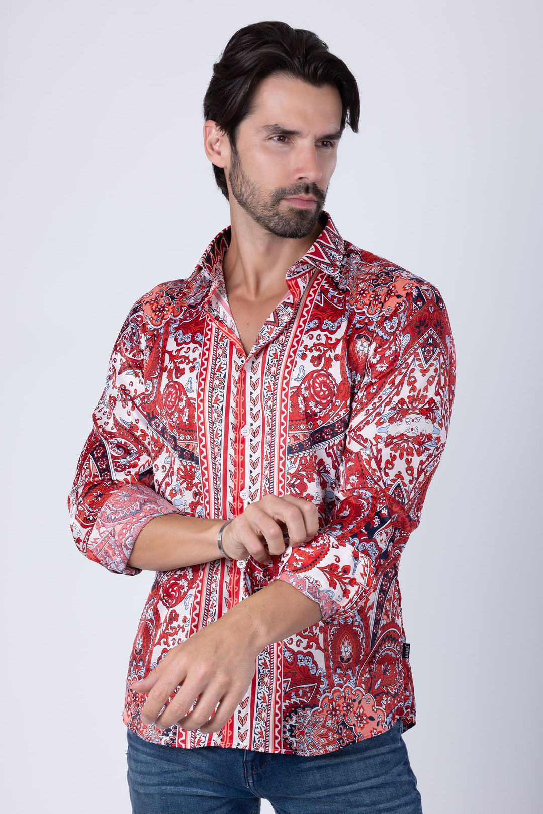 Barabas Men's Floral Paisley Pattern Design Long Sleeve Shirts 4B54 Cream Red