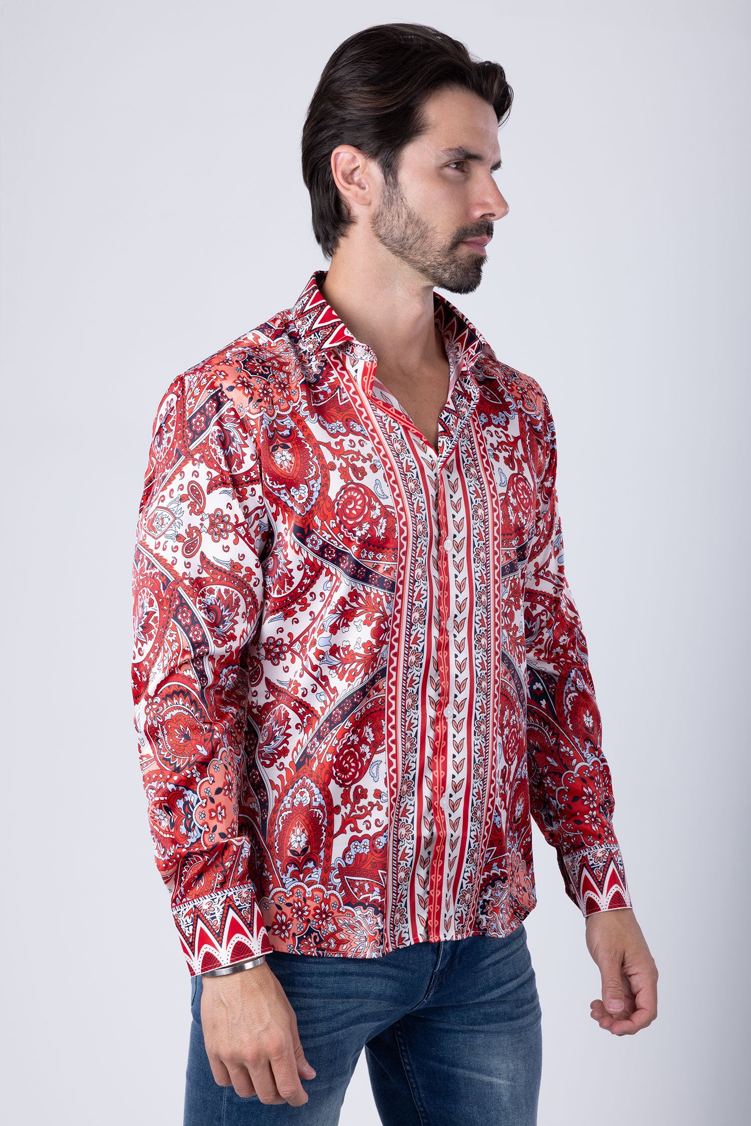 Barabas Men's Floral Paisley Pattern Design Long Sleeve Shirts 4B54 Cream Red