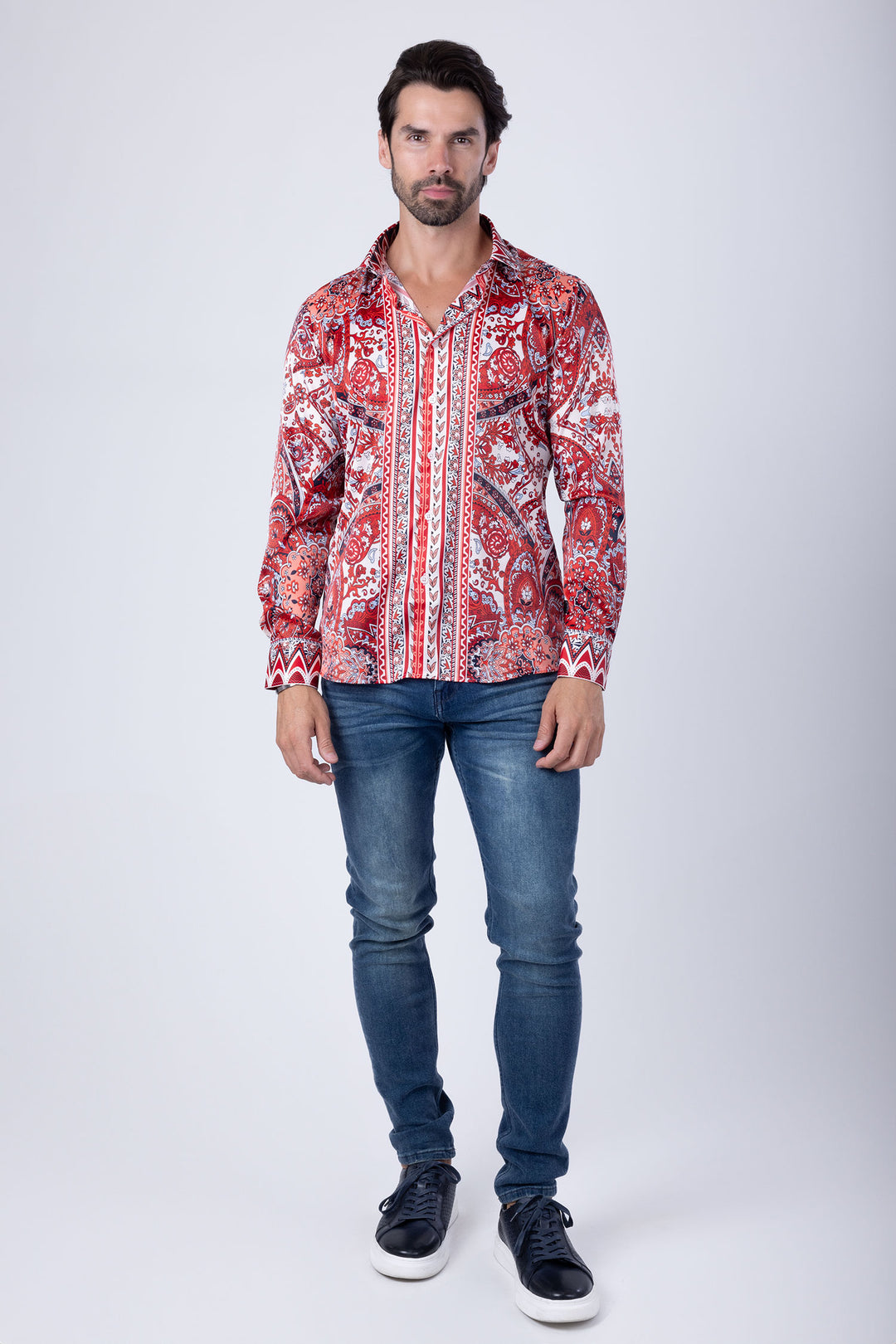 Barabas Men's Floral Paisley Pattern Design Long Sleeve Shirts 4B54 Red