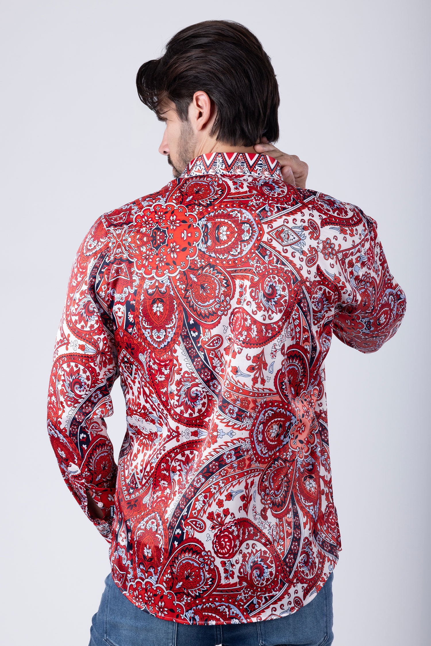 Barabas Men's Floral Paisley Pattern Design Long Sleeve Shirts 4B54 Red