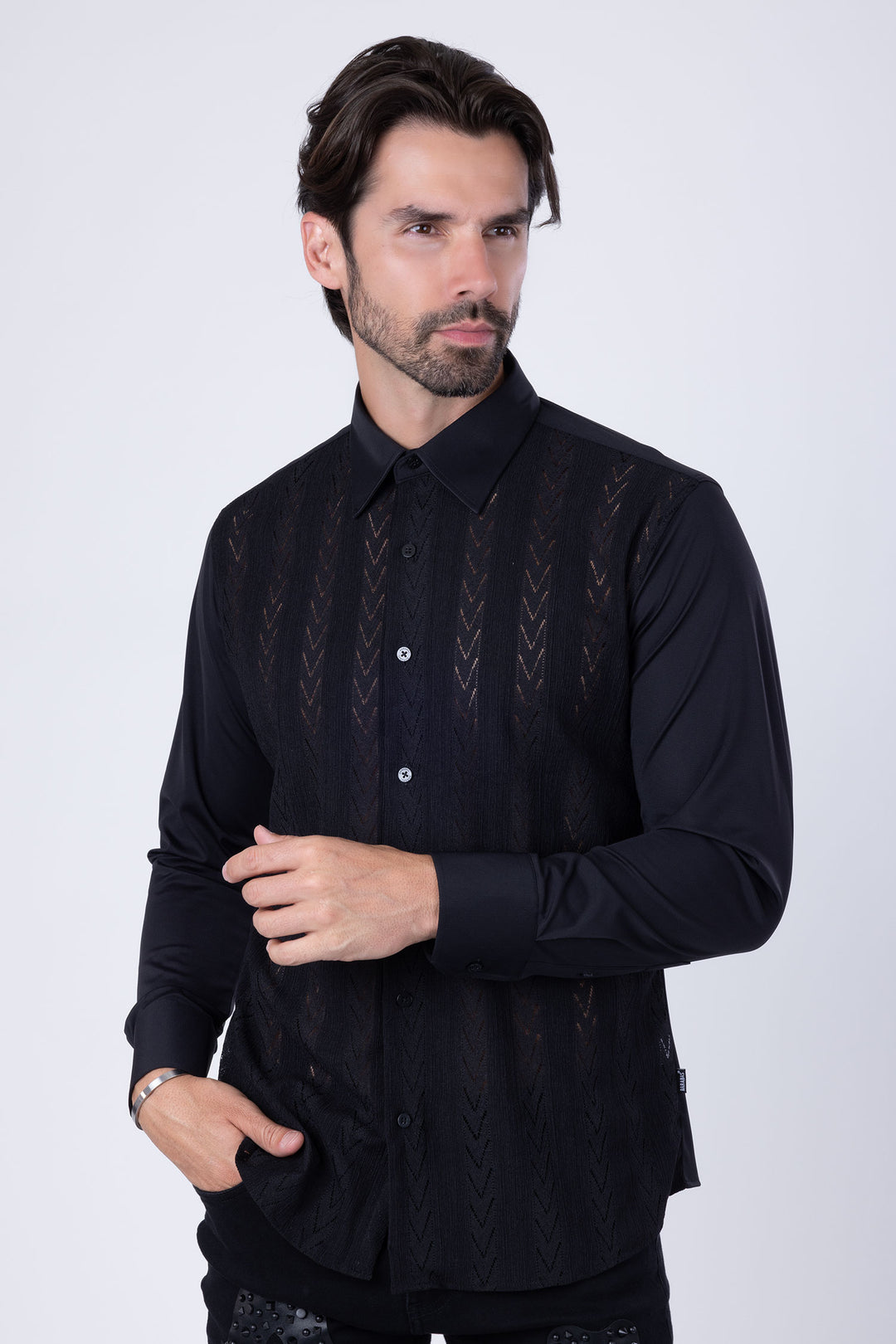 Barabas Men's Geometric Stretch See-through Long Sleeve Shirts 4B60 Black