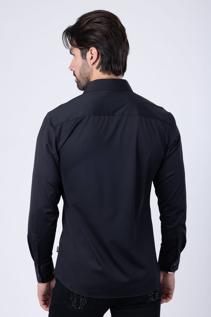 Barabas Men's Geometric Stretch See-through Long Sleeve Shirts 4B60 Black