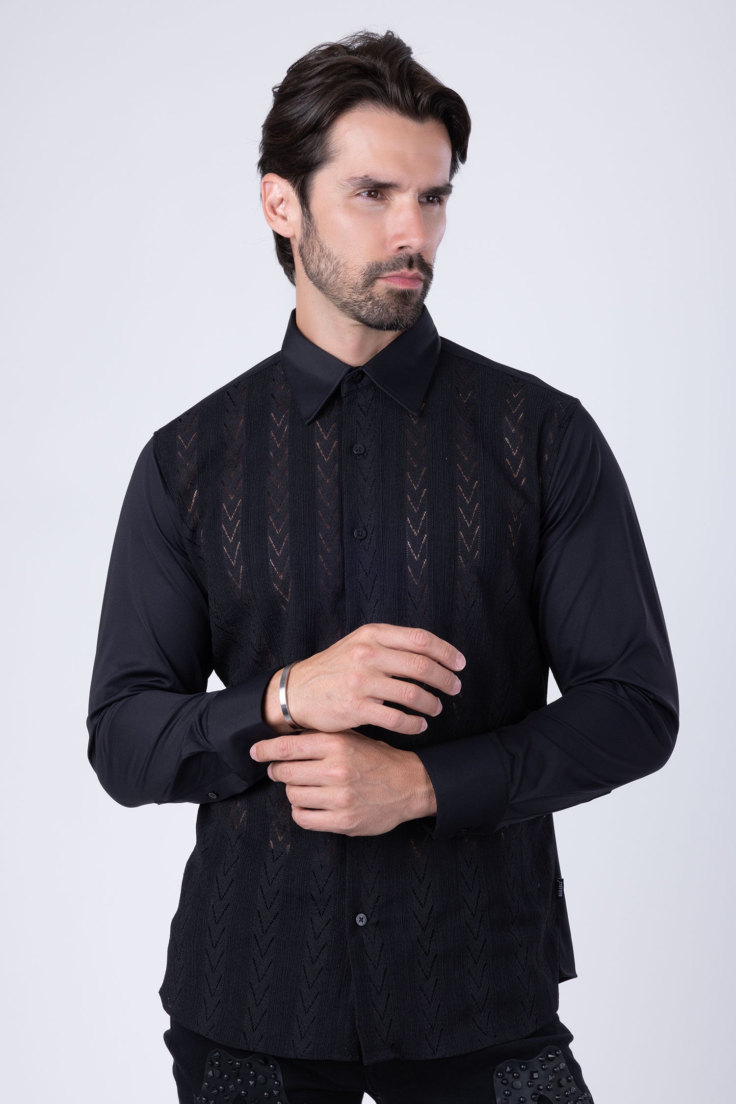 Barabas Men's Geometric Stretch See-through Long Sleeve Shirts 4B60 Black