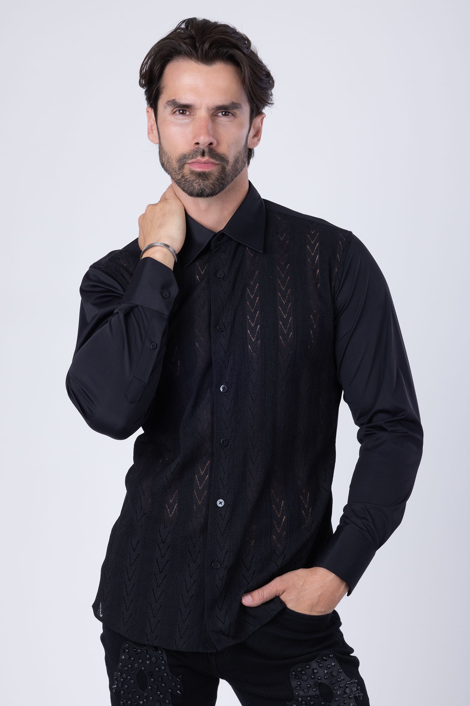 Barabas Men's Geometric Stretch See-through Long Sleeve Shirts 4B60 Black