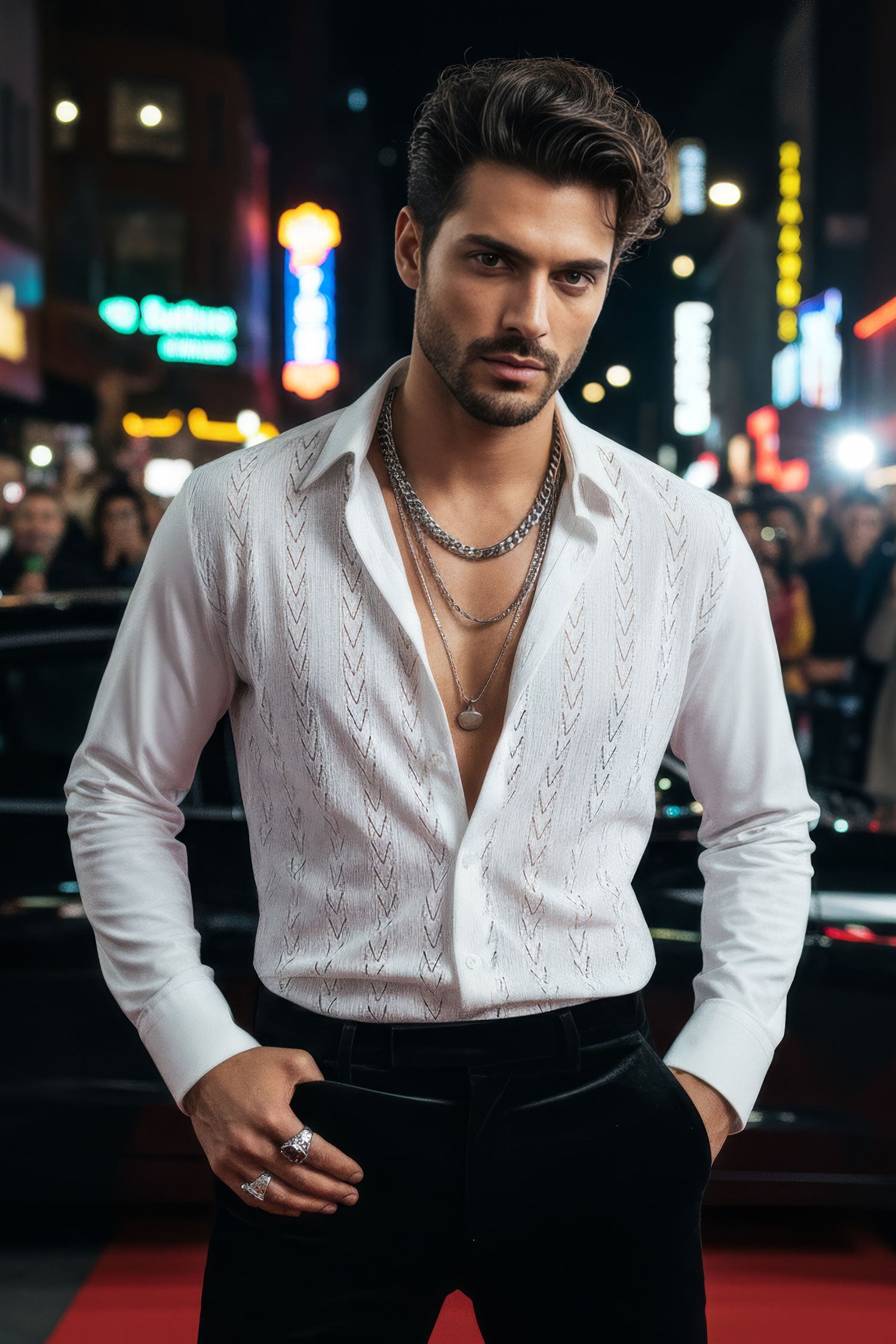 Barabas Men's Geometric Stretch See-through Long Sleeve Shirts 4B60 White